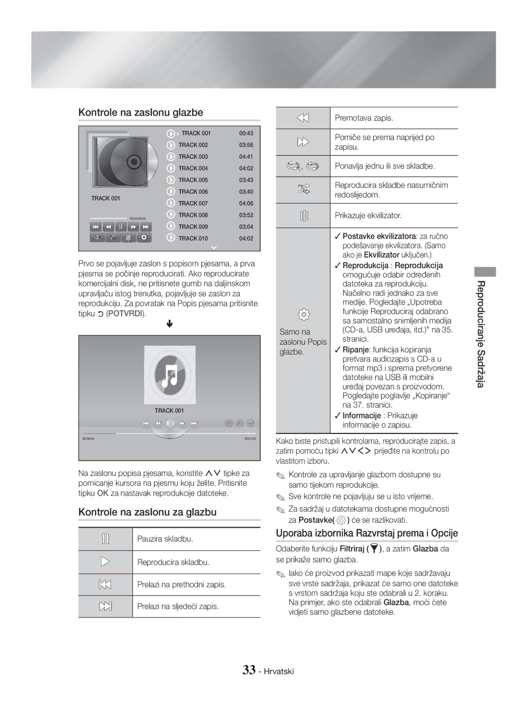 Samsung HT-H7750WM/EN, HT-H7750WM/TK, HT-H7500WM/EN, HT-H7750WM/ZF Kontrole na zaslonu glazbe, Kontrole na zaslonu za glazbu 