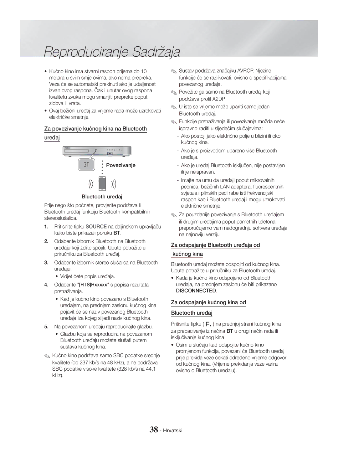 Samsung HT-H7500WM/EN manual Za povezivanje kućnog kina na Bluetooth Uređaj, Za odspajanje Bluetooth uređaja od Kućnog kina 