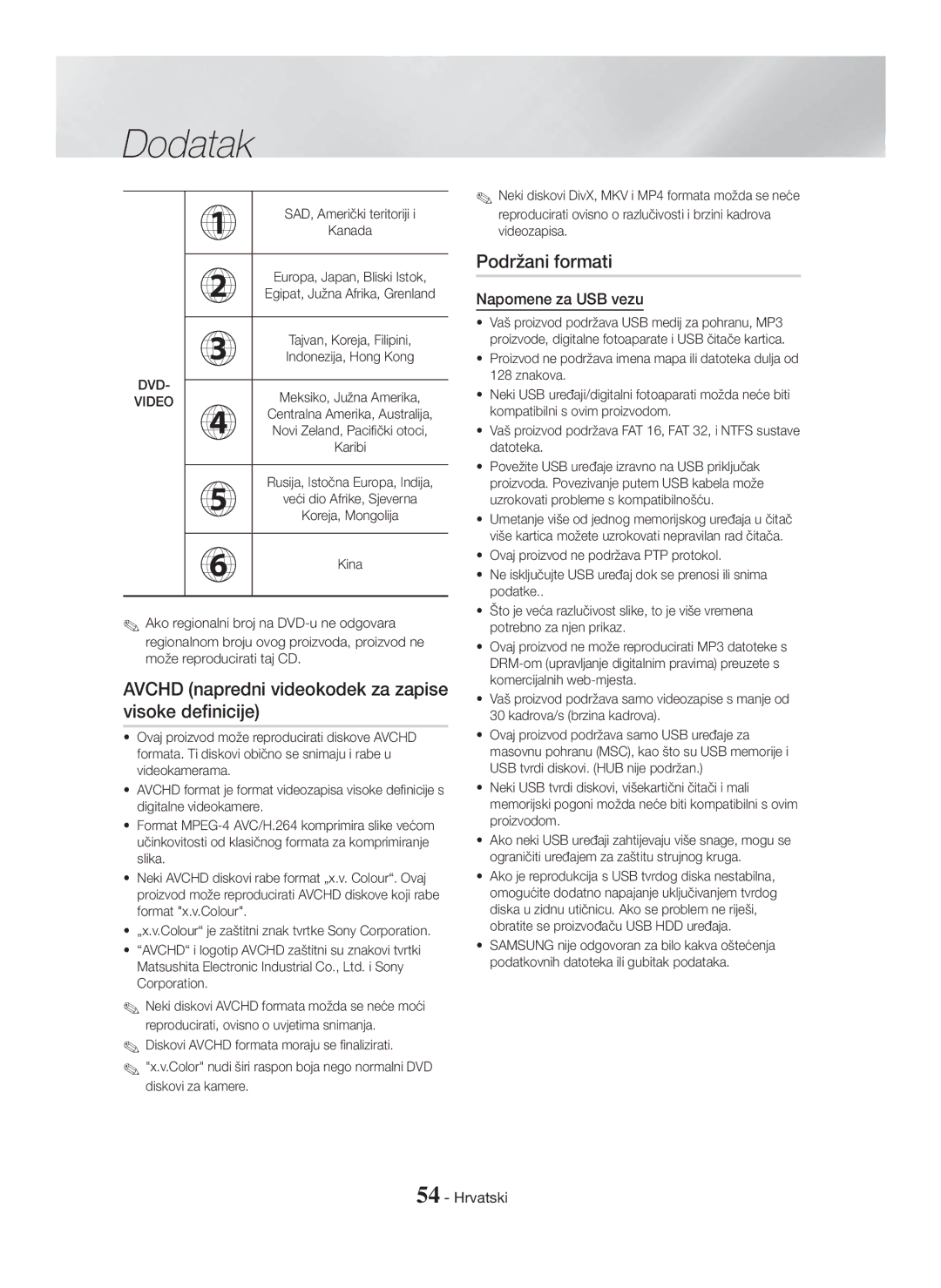 Samsung HT-H7500WM/EN, HT-H7750WM/TK manual Avchd napredni videokodek za zapise visoke definicije, Napomene za USB vezu 