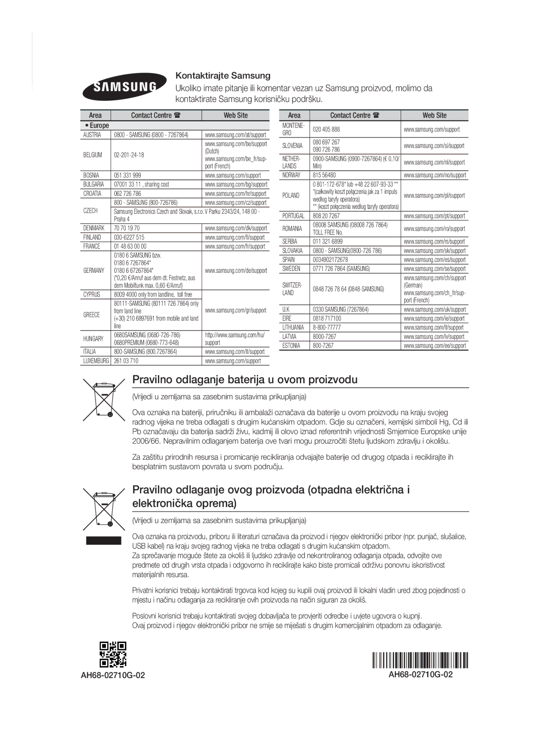 Samsung HT-H7750WM/EN, HT-H7750WM/TK, HT-H7500WM/EN manual Pravilno odlaganje baterija u ovom proizvodu, AH68-02710G-02 