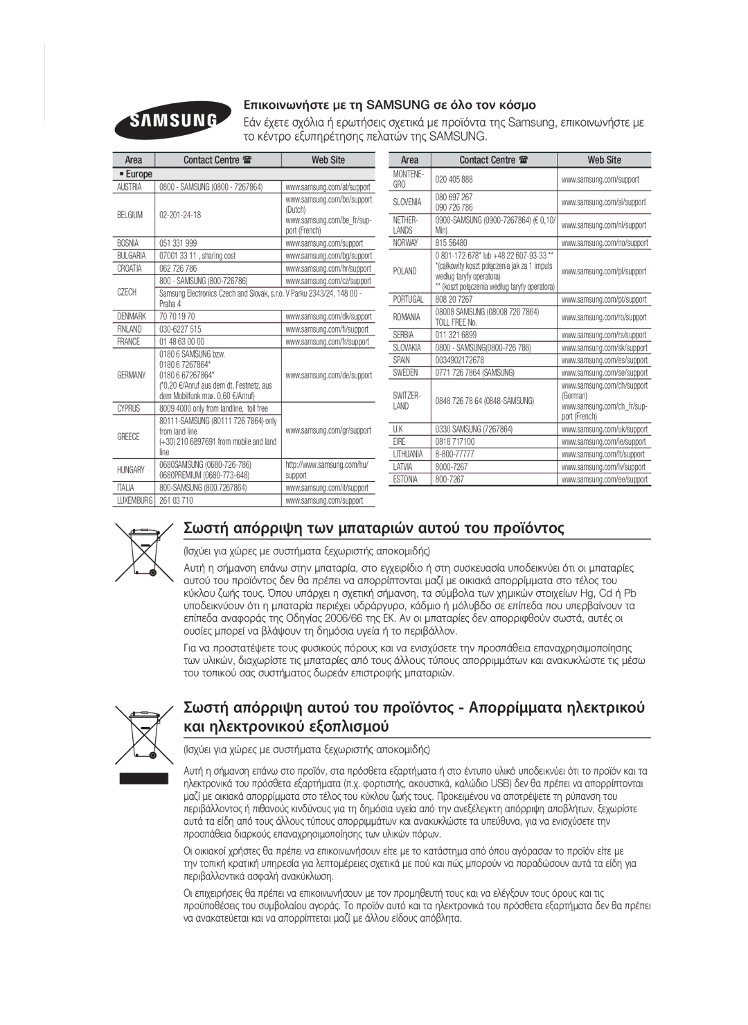 Samsung HT-H7750WM/EN, HT-H7750WM/TK manual Σωστή απόρριψη των μπαταριών αυτού του προϊόντος, Area Contact Centre  Web Site 