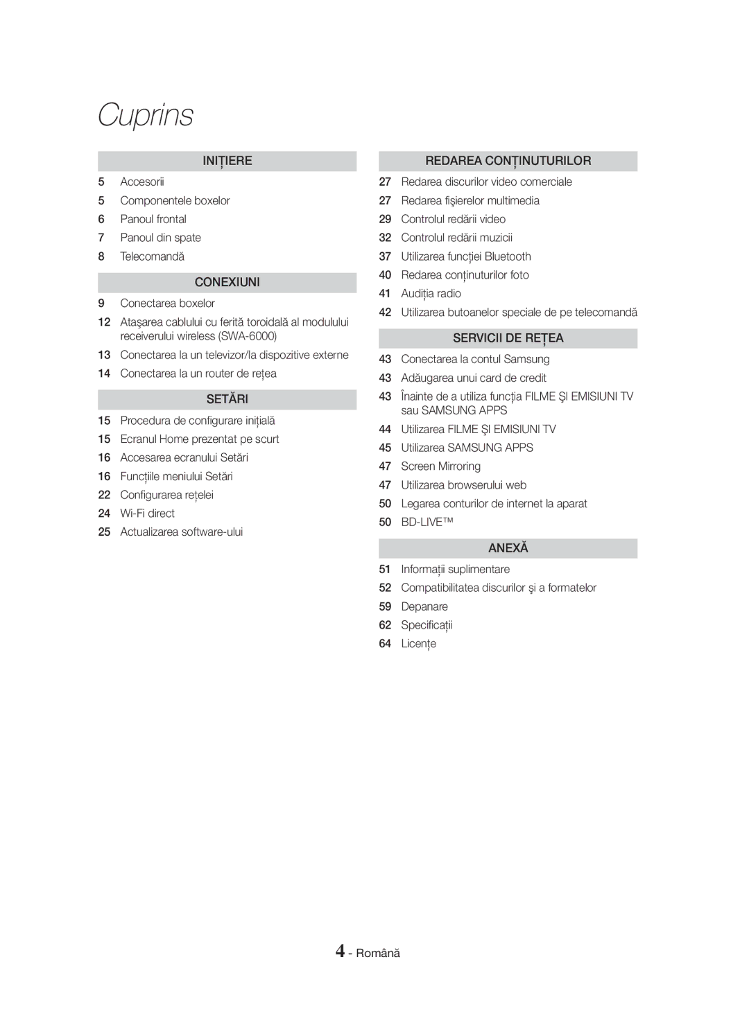 Samsung HT-H7750WM/EN, HT-H7750WM/TK, HT-H7500WM/EN manual Cuprins, Conectarea boxelor, Conectarea la un router de reţea 