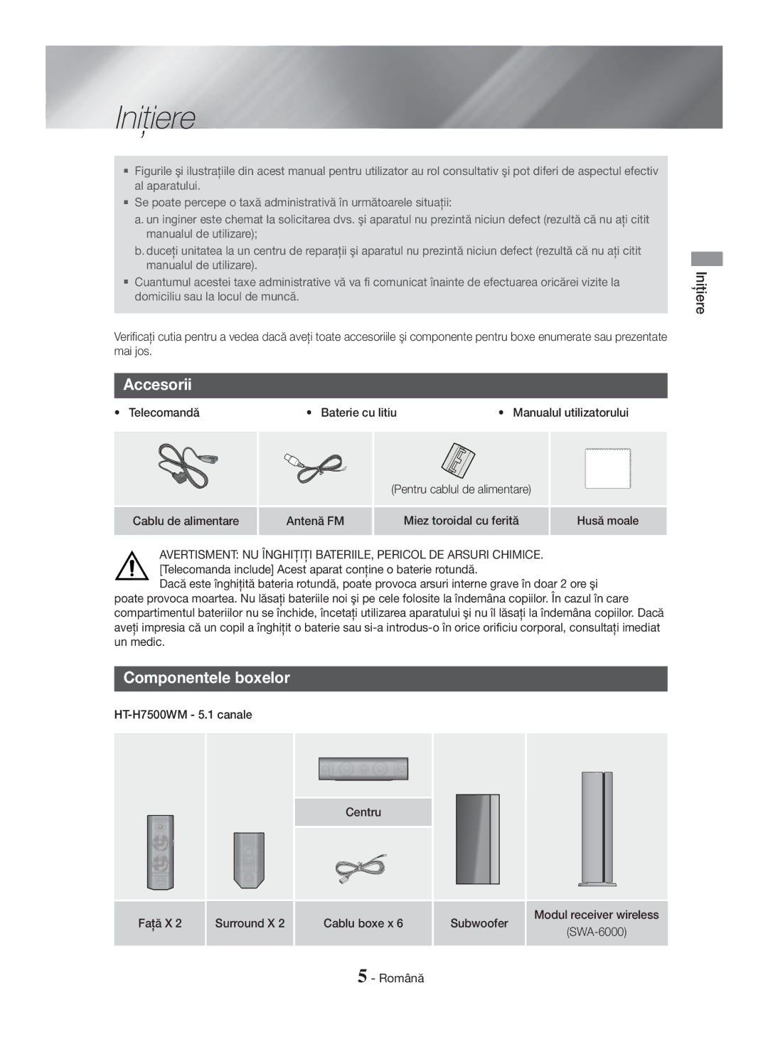 Samsung HT-H7500WM/EN, HT-H7750WM/TK, HT-H7750WM/EN Iniţiere, Accesorii, Componentele boxelor, Telecomandă Baterie cu litiu 