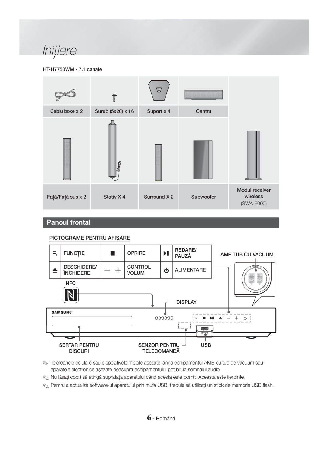 Samsung HT-H7750WM/ZF, HT-H7750WM/TK Panoul frontal, Funcţie Oprire Redare Pauză Deschidere Control, Display, Telecomandă 