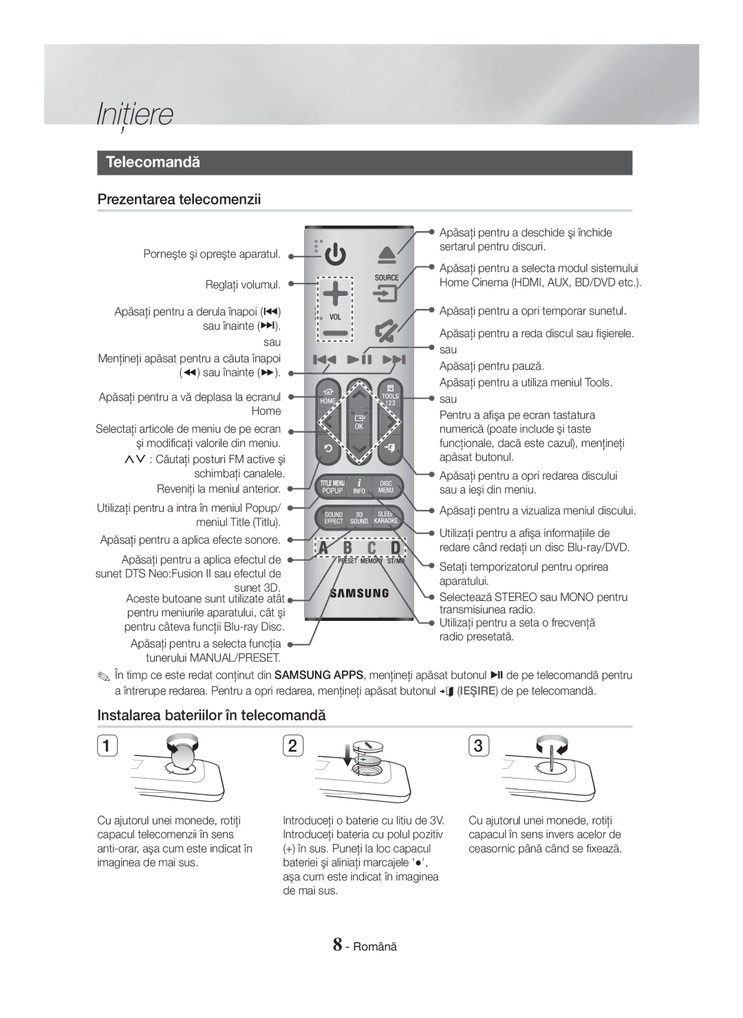 Samsung HT-H7750WM/EN, HT-H7750WM/TK manual Telecomandă, Prezentarea telecomenzii, Instalarea bateriilor în telecomandă 