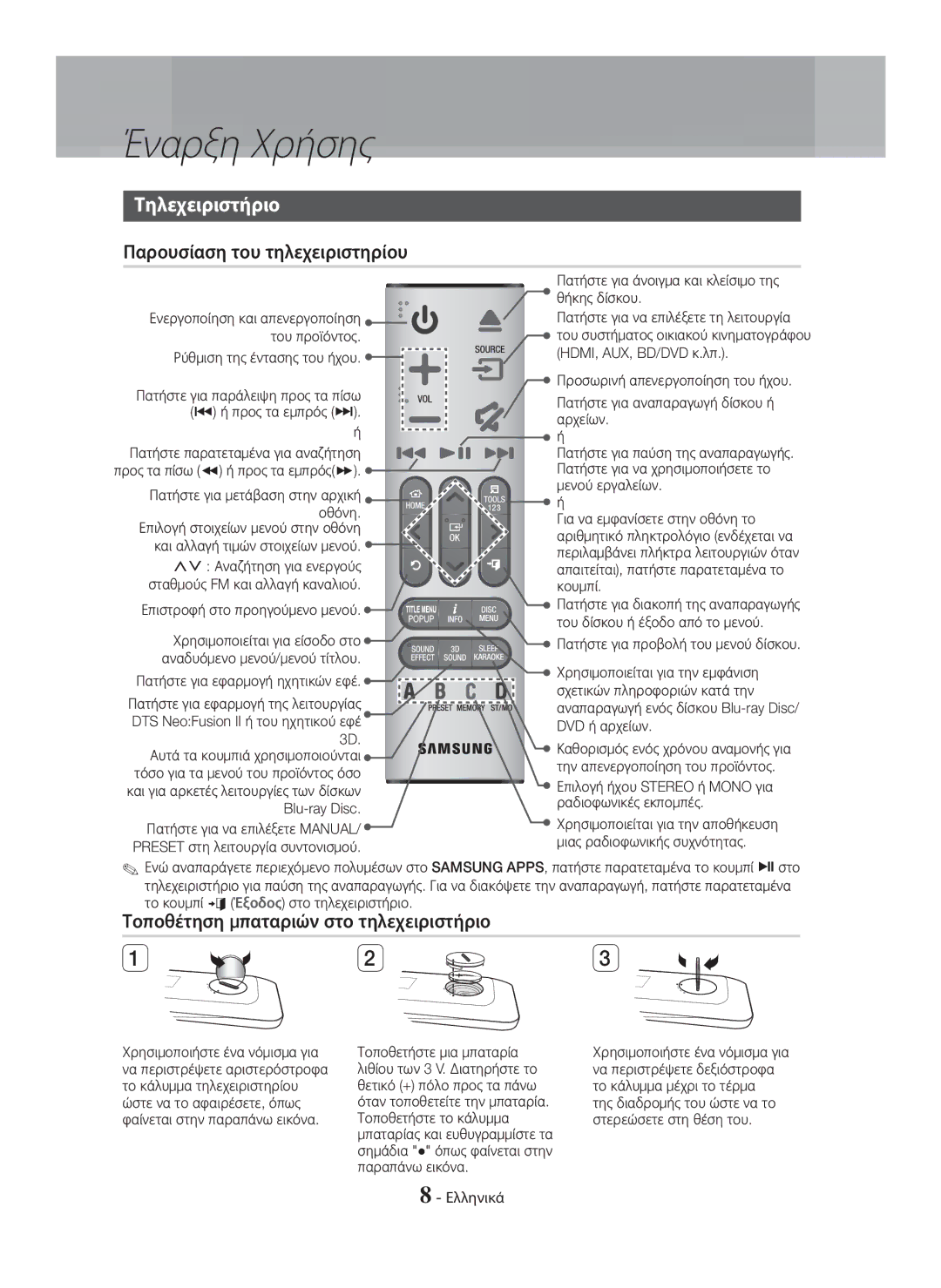 Samsung HT-H7750WM/TK manual Τηλεχειριστήριο, Παρουσίαση του τηλεχειριστηρίου, Τοποθέτηση μπαταριών στο τηλεχειριστήριο 