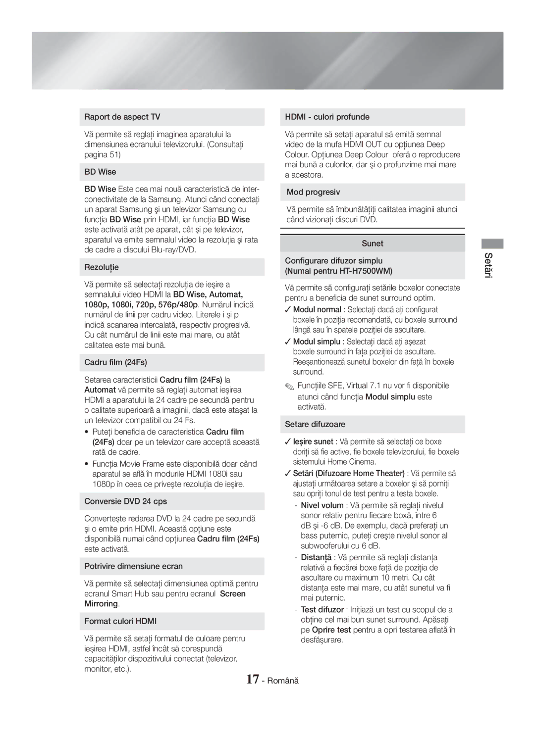 Samsung HT-H7500WM/EN, HT-H7750WM/TK manual Rezoluţie, Cadru film 24Fs, Configurare difuzor simplu Numai pentru HT-H7500WM 