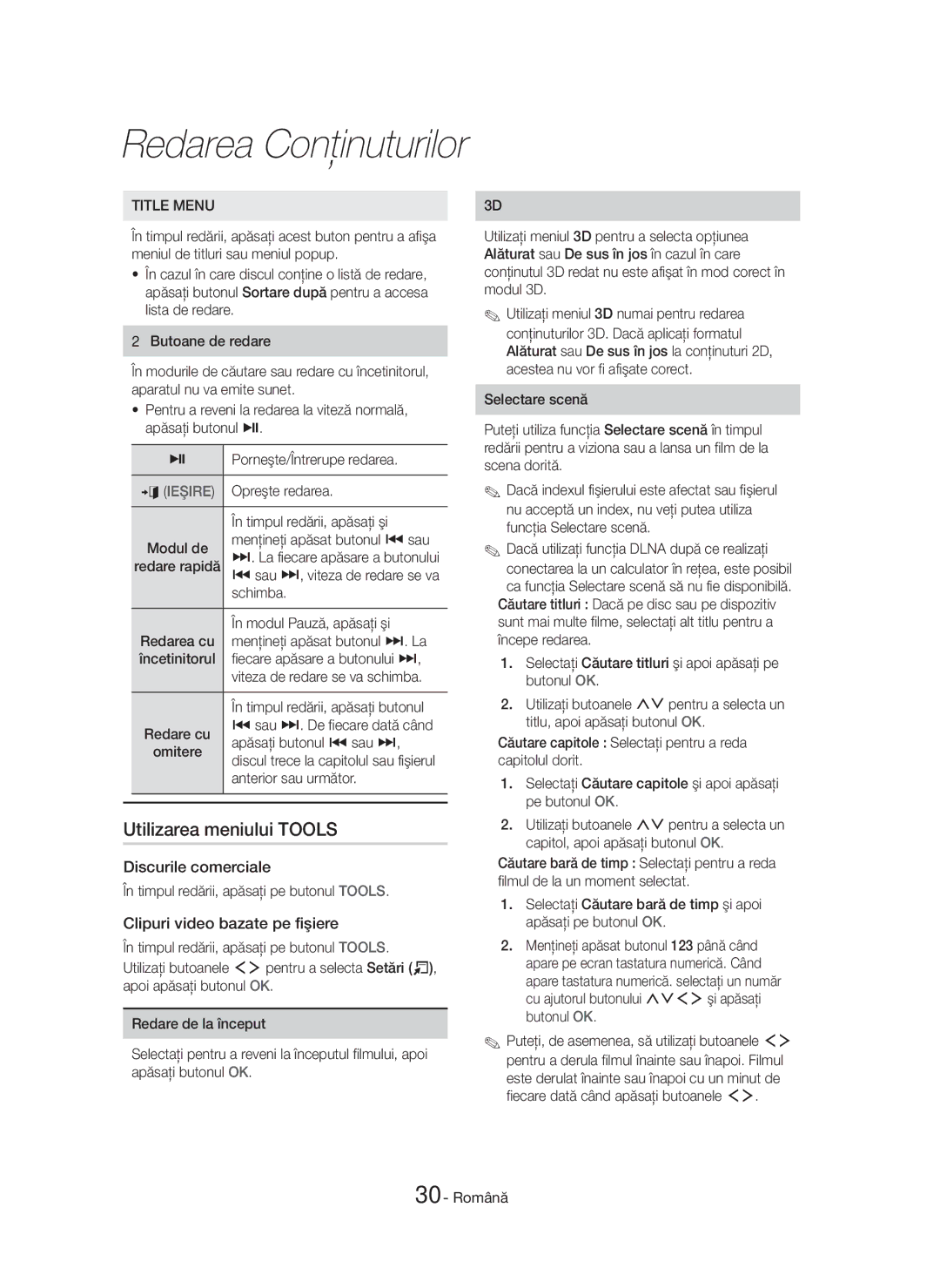 Samsung HT-H7750WM/ZF, HT-H7750WM/TK manual Utilizarea meniului Tools, Discurile comerciale, Clipuri video bazate pe fişiere 