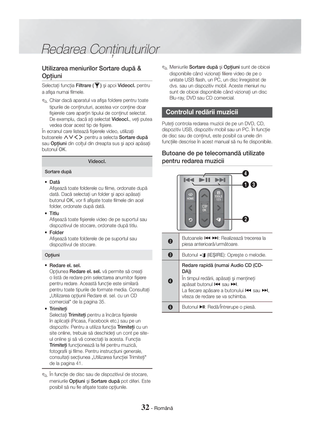 Samsung HT-H7750WM/EN, HT-H7750WM/TK, HT-H7500WM/EN Utilizarea meniurilor Sortare după & Opţiuni, Controlul redării muzicii 