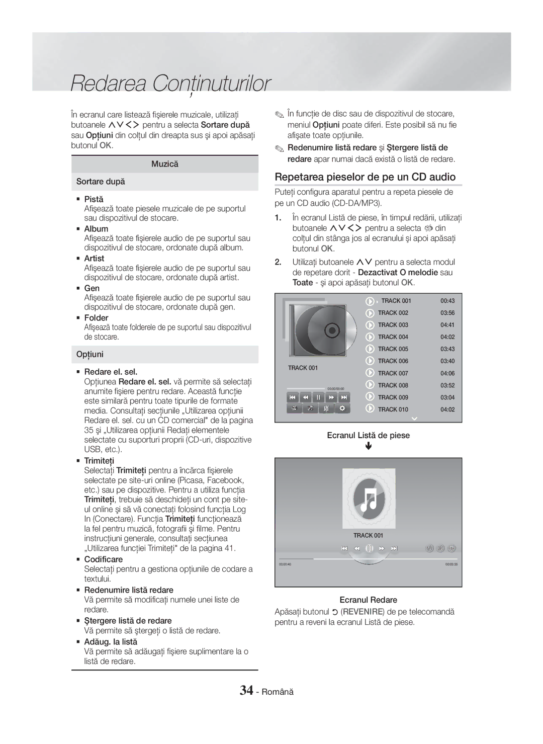 Samsung HT-H7750WM/ZF, HT-H7750WM/TK, HT-H7750WM/EN, HT-H7500WM/EN manual Repetarea pieselor de pe un CD audio 