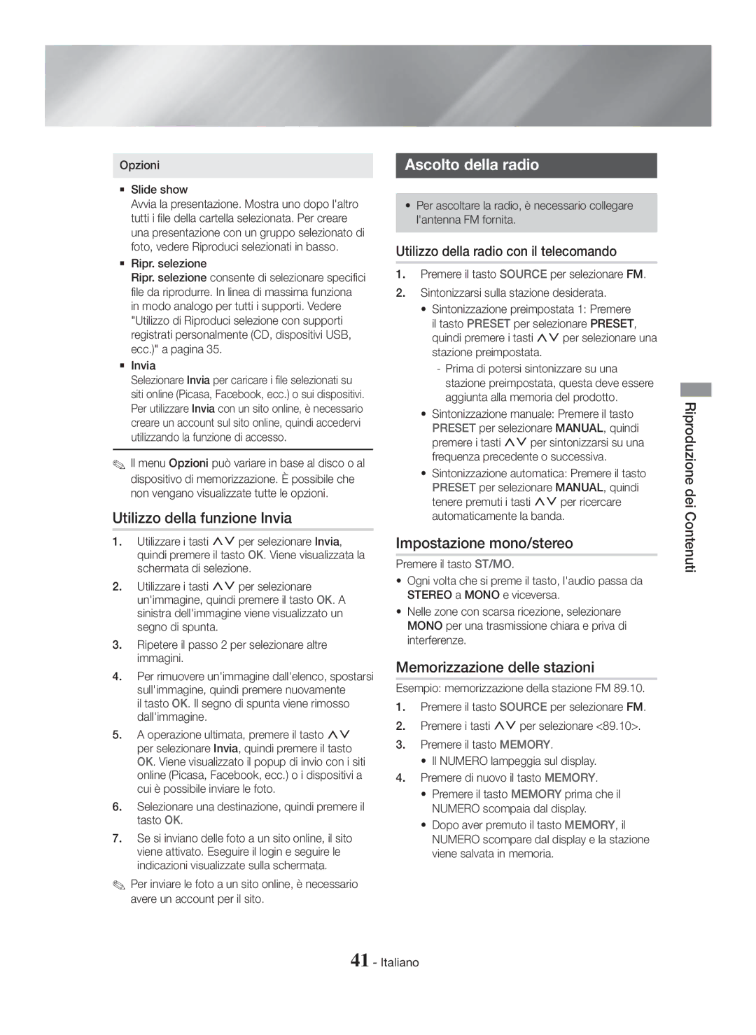 Samsung HT-H7750WM/ZF, HT-H7500WM/ZF manual Utilizzo della funzione Invia, Ascolto della radio, Impostazione mono/stereo 