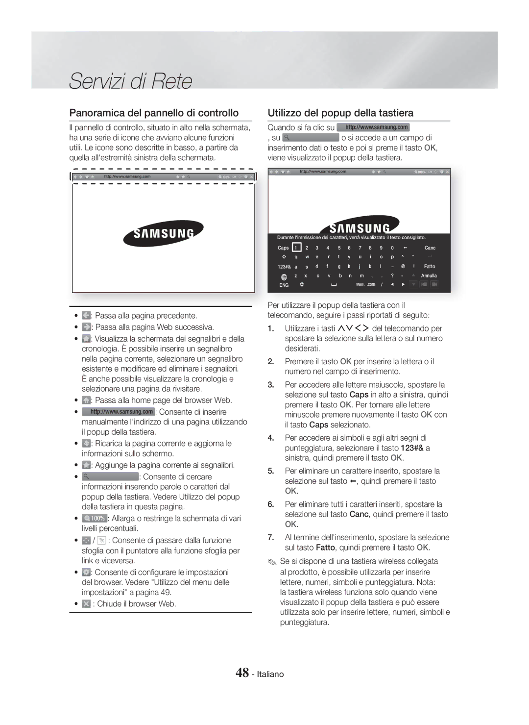 Samsung HT-H7500WM/ZF manual Panoramica del pannello di controllo, Utilizzo del popup della tastiera, Chiude il browser Web 