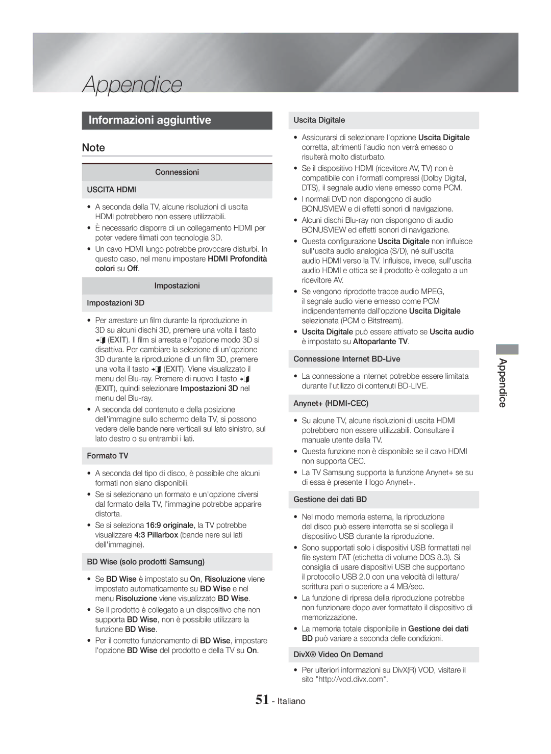 Samsung HT-H7750WM/ZF, HT-H7500WM/ZF manual Appendice, Informazioni aggiuntive, Connessioni, Uscita Hdmi 