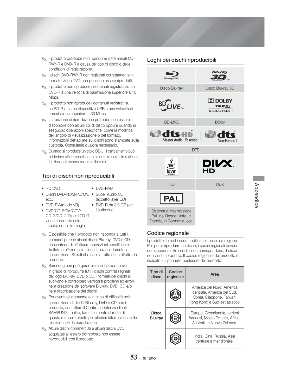 Samsung HT-H7750WM/ZF Tipi di dischi non riproducibili, Loghi dei dischi riproducibili, Codice regionale, Hd Dvd Dvd-Ram 