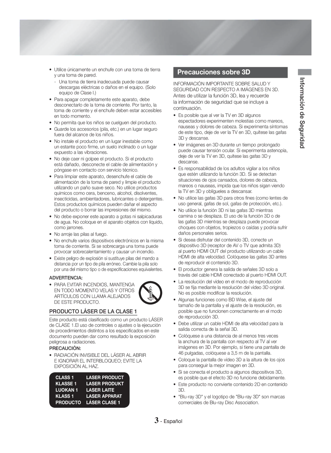 Samsung HT-H7500WM/ZF, HT-H7750WM/ZF manual Precauciones sobre 3D, Información de Seguridad 