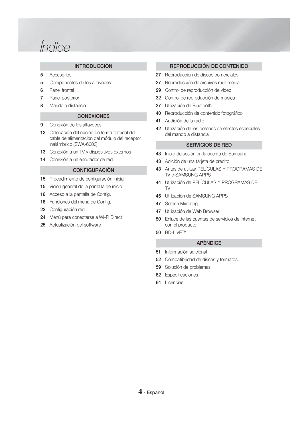 Samsung HT-H7750WM/ZF, HT-H7500WM/ZF manual Índice, Conexiones 