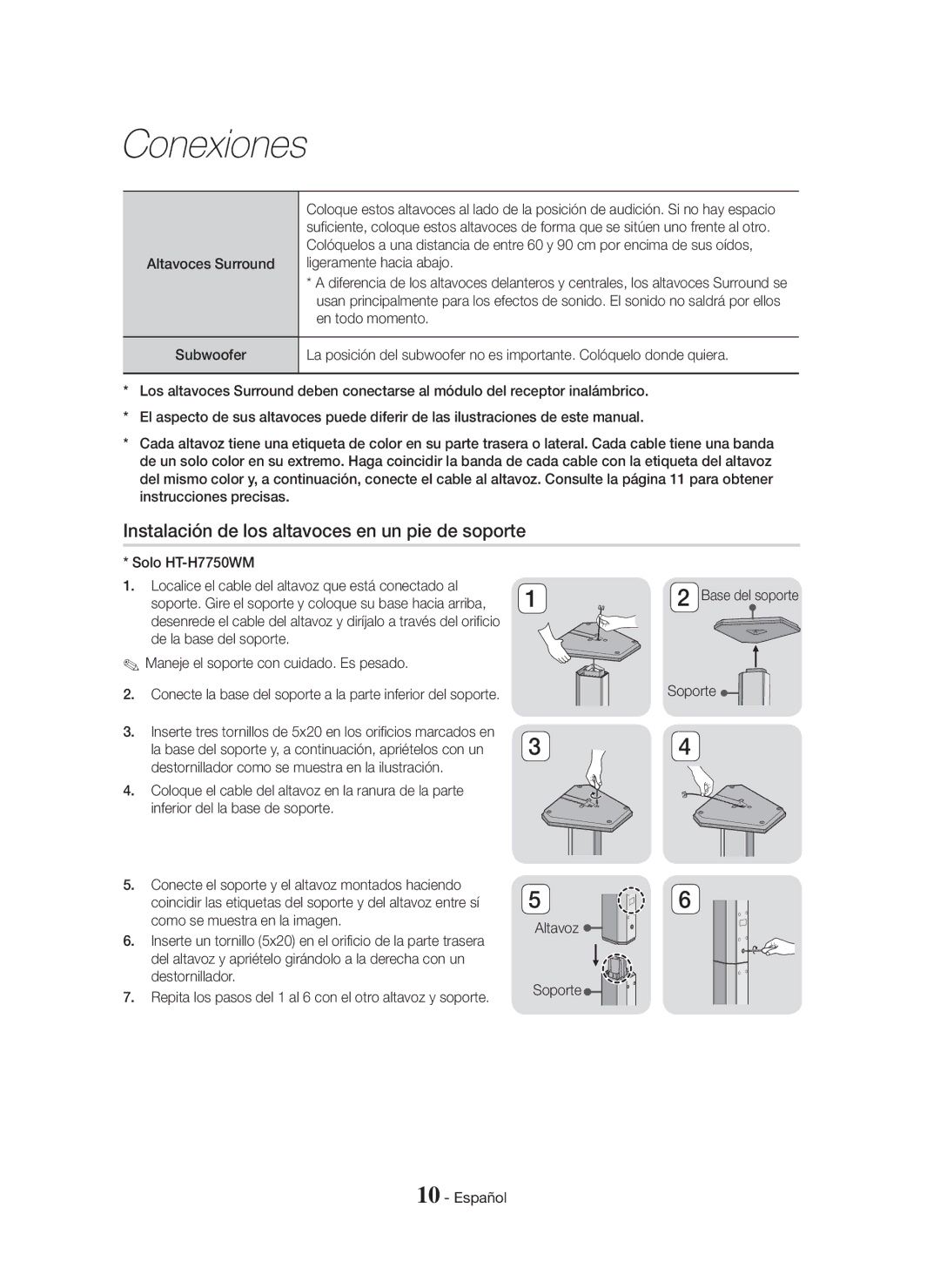 Samsung HT-H7750WM/ZF, HT-H7500WM/ZF manual Instalación de los altavoces en un pie de soporte, Soporte Altavoz Español 