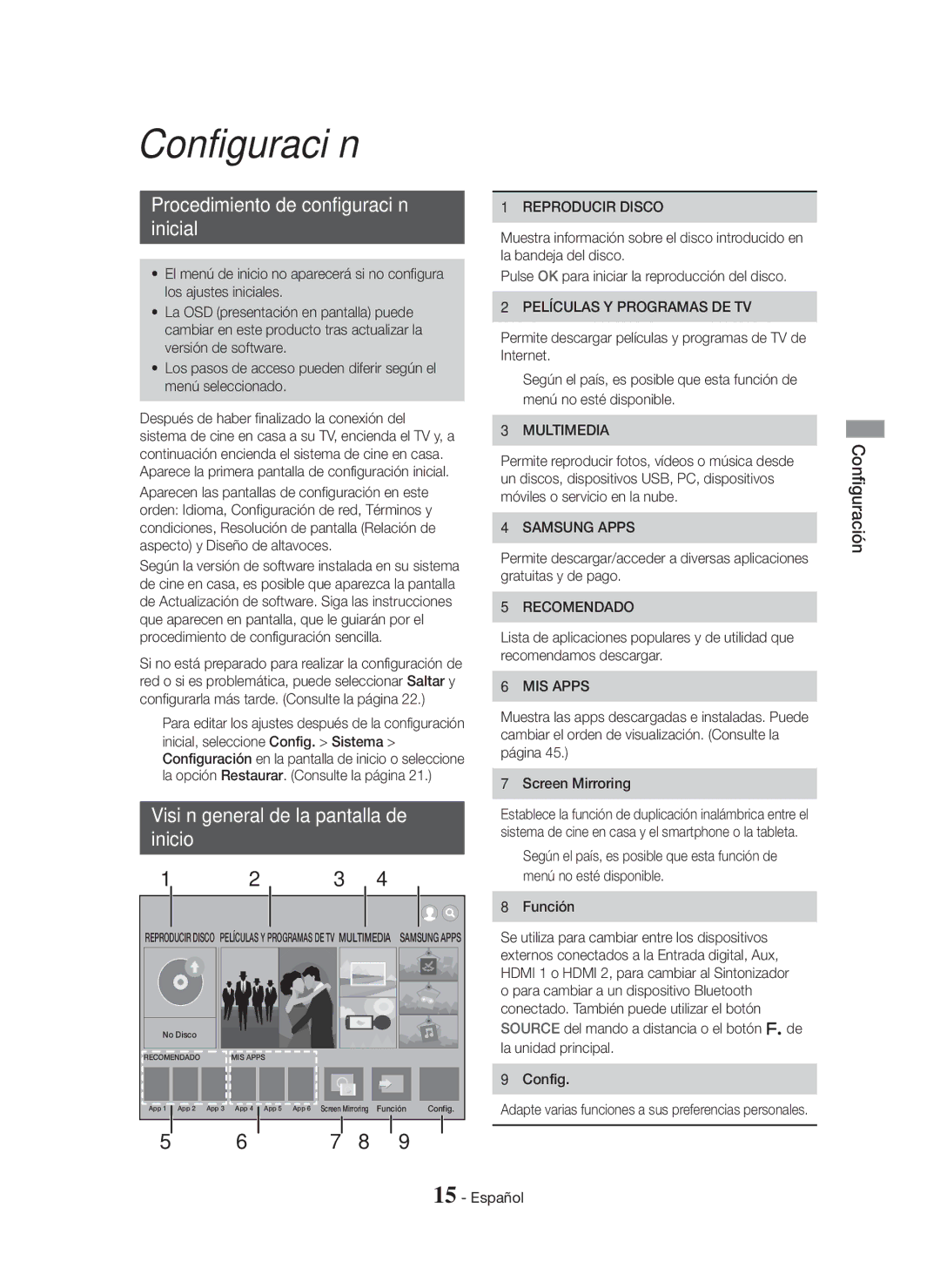 Samsung HT-H7500WM/ZF manual Configuración, Procedimiento de configuración Inicial, Visión general de la pantalla de Inicio 