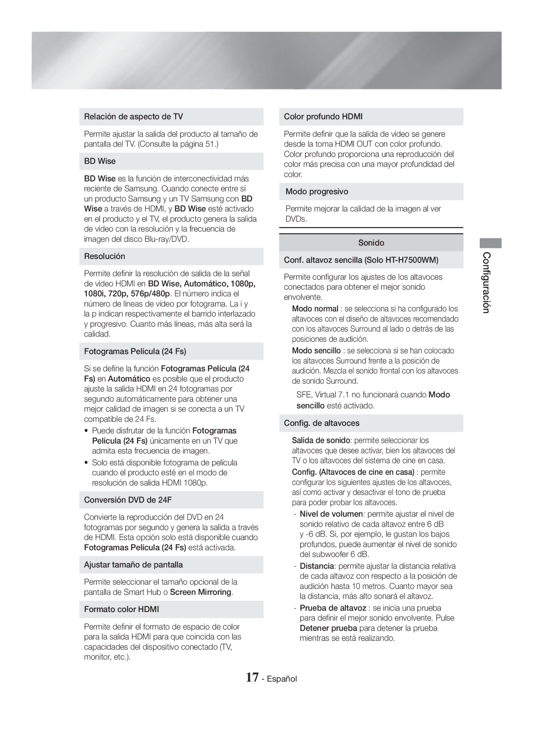 Samsung HT-H7500WM/ZF manual Relación de aspecto de TV, Resolución, Fotogramas Película 24 Fs, Conversión DVD de 24F 