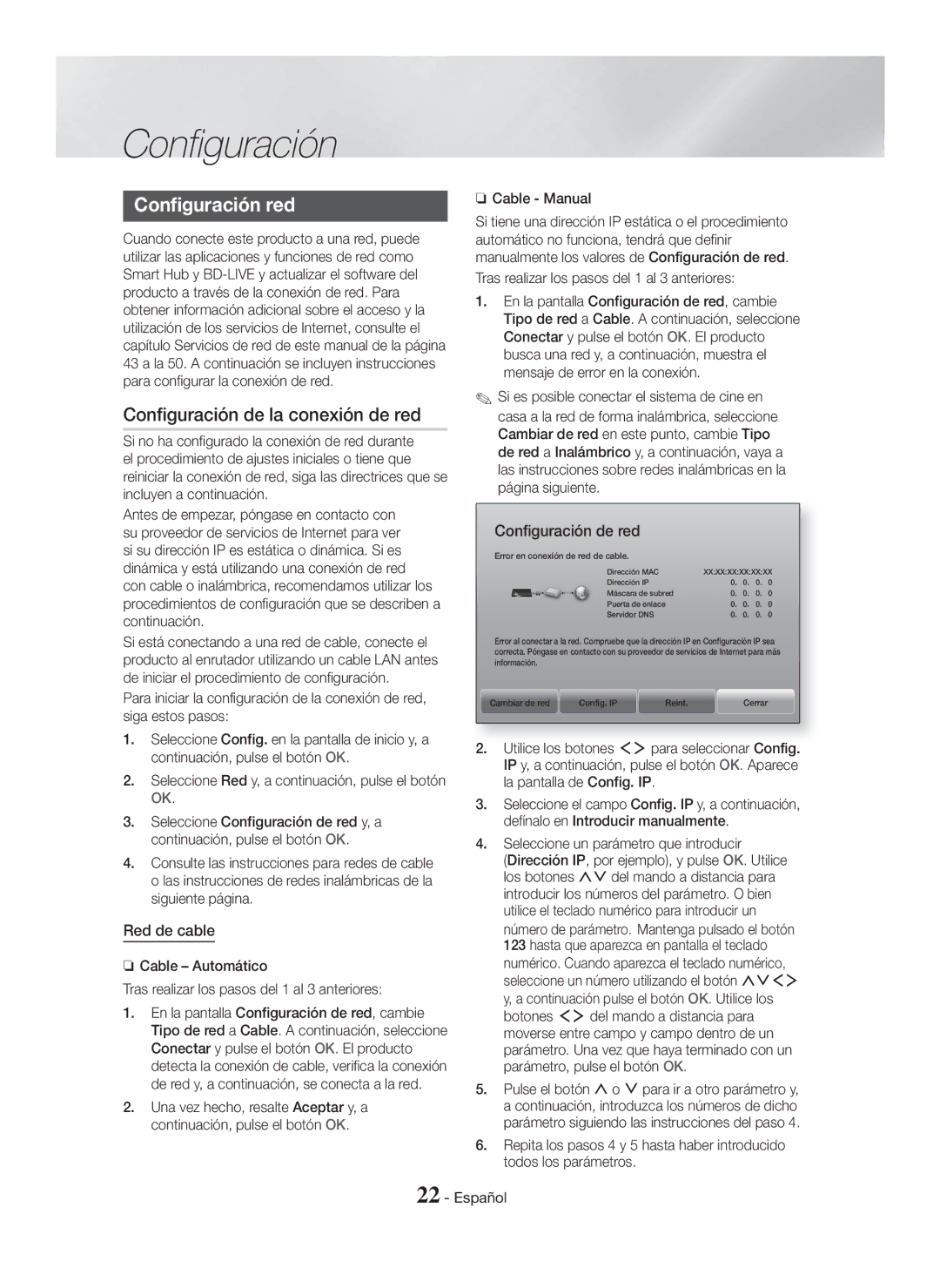 Samsung HT-H7750WM/ZF manual Configuración red, Configuración de la conexión de red, Red de cable, Configuración de red 