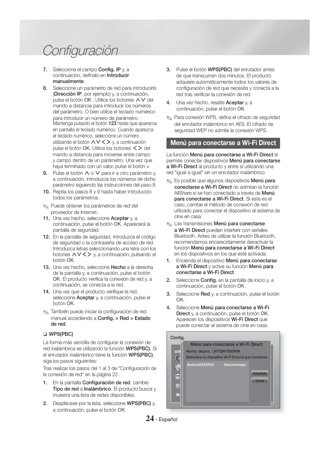 Samsung HT-H7750WM/ZF, HT-H7500WM/ZF manual Menú para conectarse a Wi-Fi Direct 