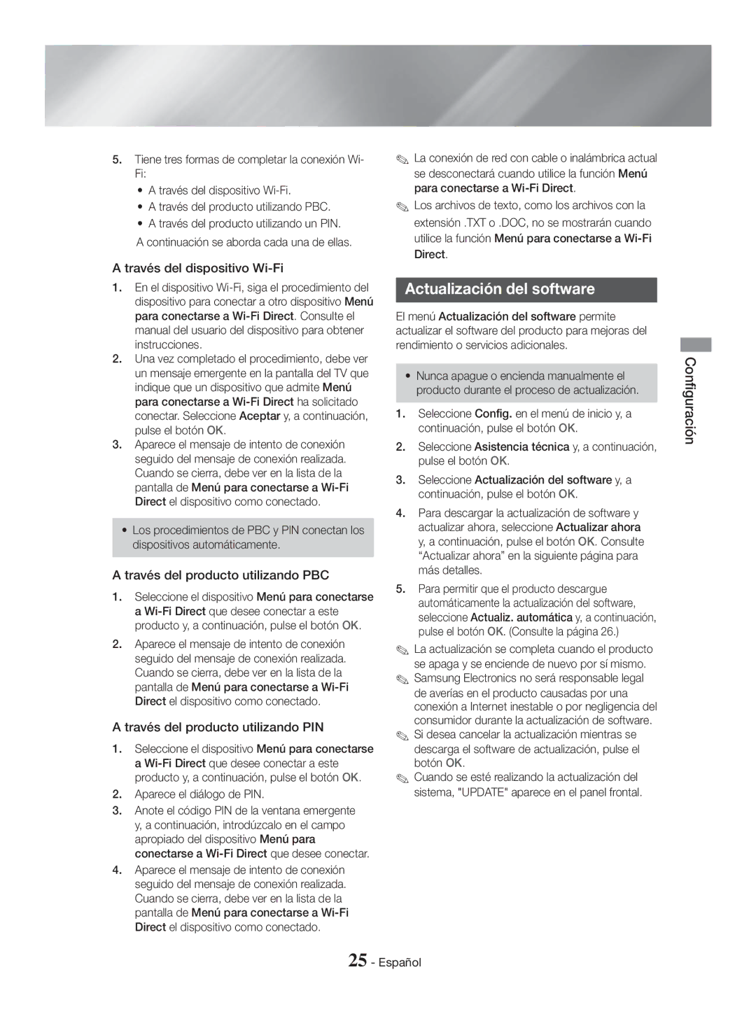 Samsung HT-H7500WM/ZF manual Actualización del software, Través del dispositivo Wi-Fi, Través del producto utilizando PBC 