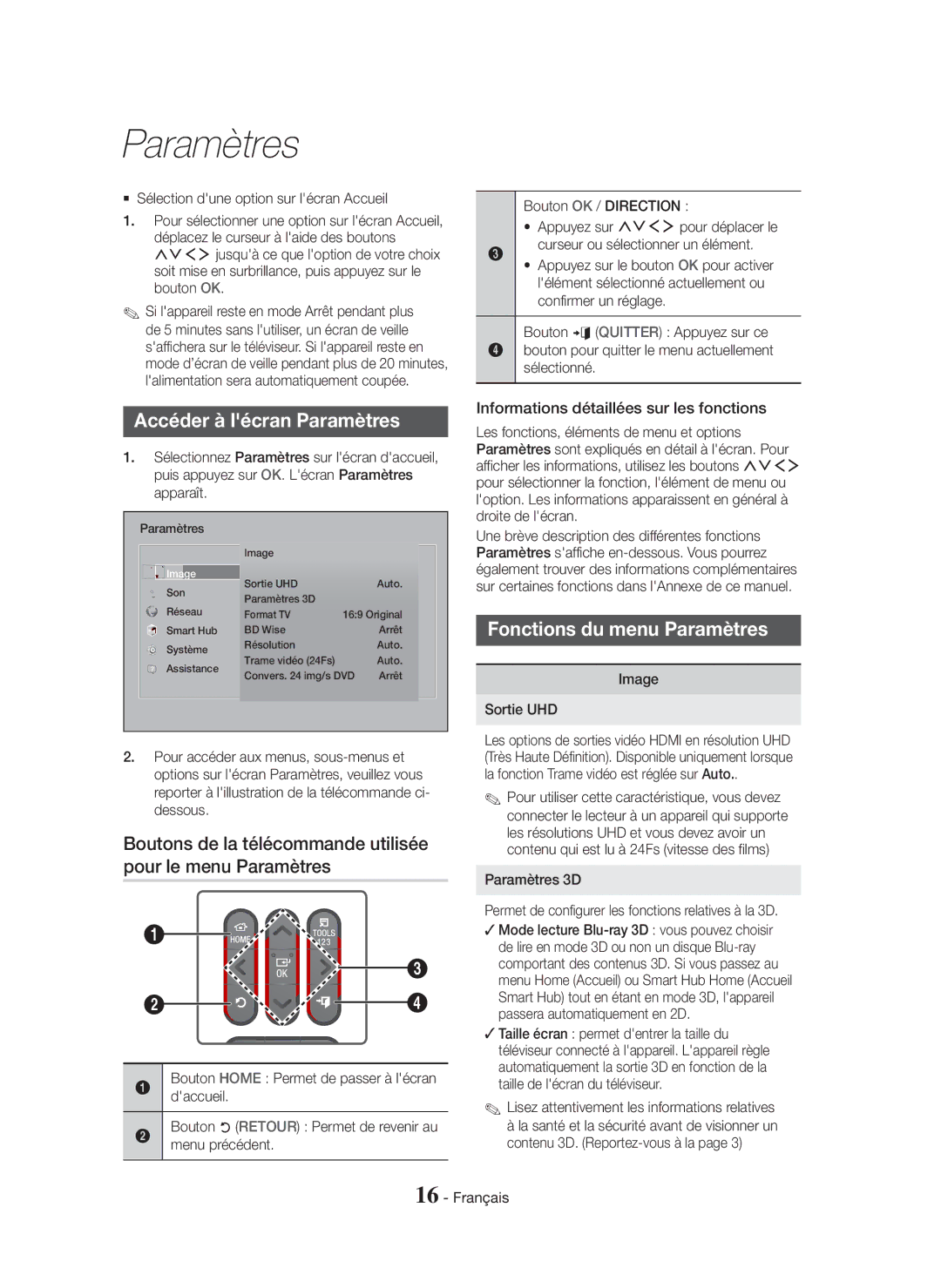 Samsung HT-H7750WM/ZF Accéder à lécran Paramètres, Fonctions du menu Paramètres, Informations détaillées sur les fonctions 