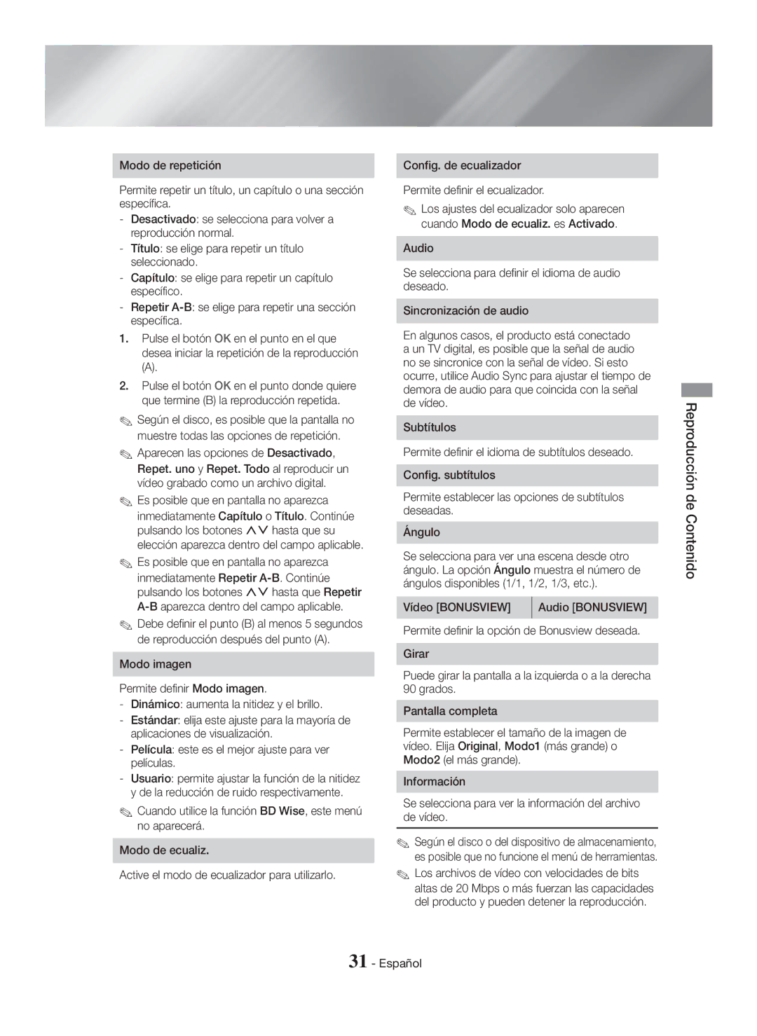 Samsung HT-H7500WM/ZF, HT-H7750WM/ZF manual Película este es el mejor ajuste para ver películas, Vídeo Bonusview 