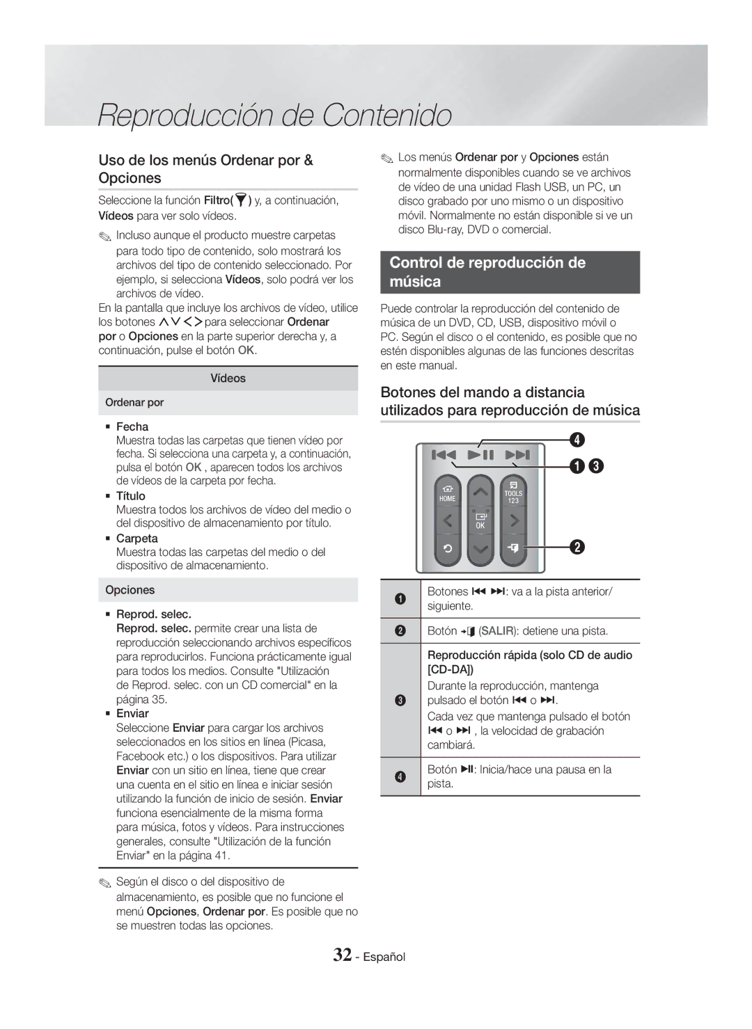 Samsung HT-H7750WM/ZF, HT-H7500WM/ZF manual Uso de los menús Ordenar por & Opciones, Control de reproducción de Música 