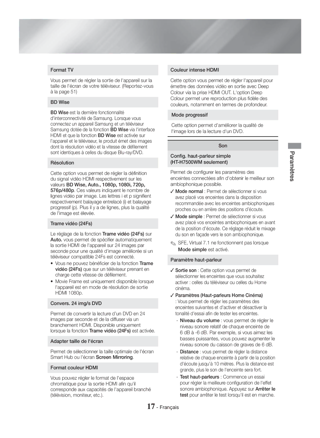 Samsung HT-H7500WM/ZF, HT-H7750WM/ZF manual Résolution, Trame vidéo 24Fs, Adapter taille de lécran, Mode progressif, Son 
