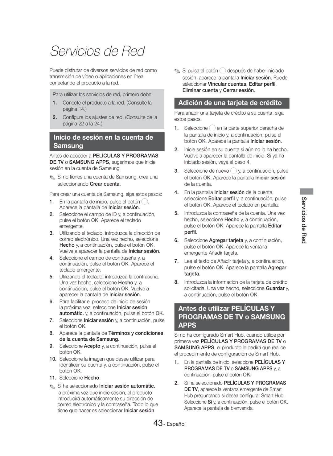 Samsung HT-H7500WM/ZF manual Servicios de Red, Inicio de sesión en la cuenta de Samsung, Adición de una tarjeta de crédito 