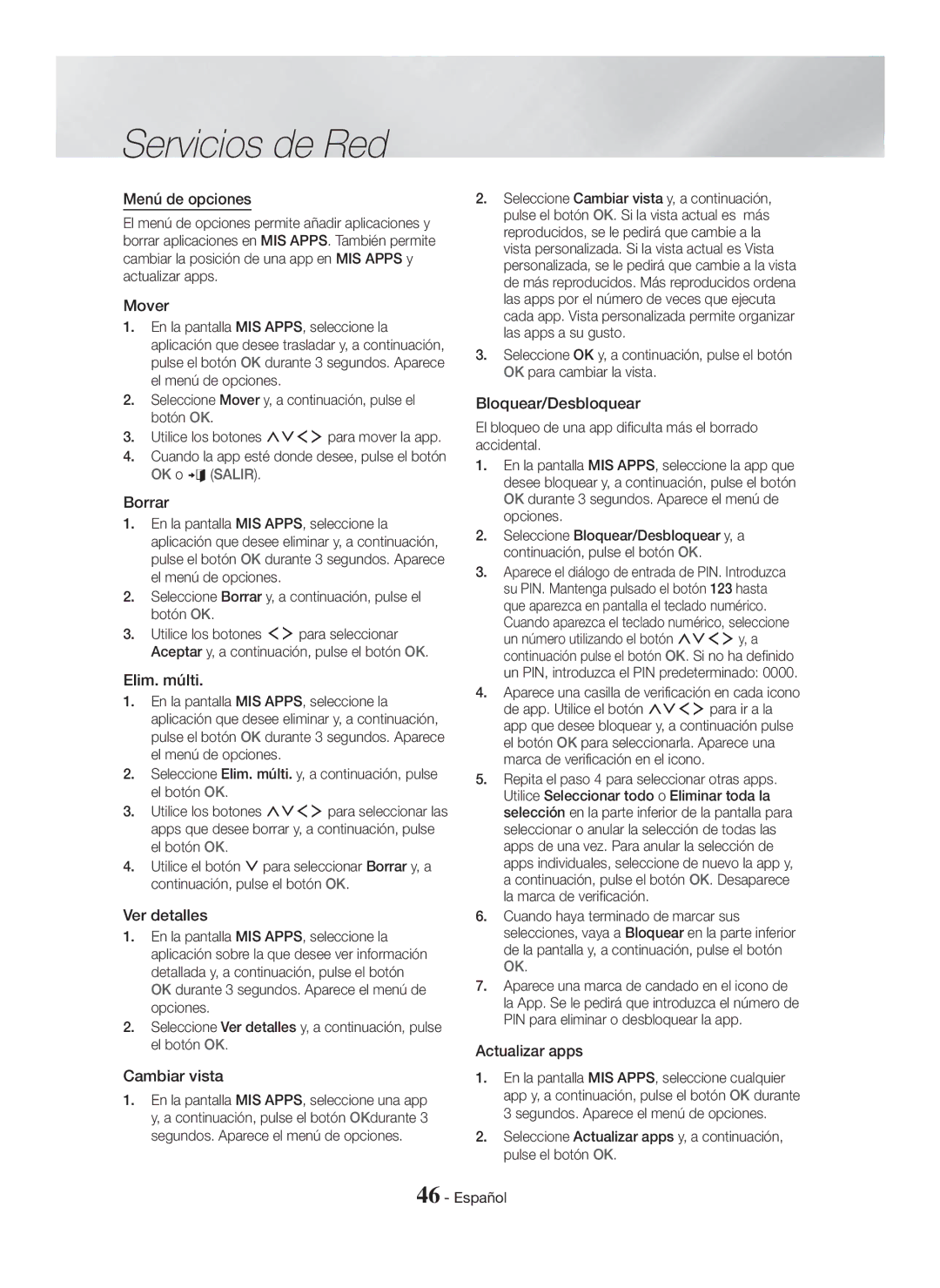 Samsung HT-H7750WM/ZF Menú de opciones, Mover, Bloquear/Desbloquear, Borrar, Elim. múlti, Ver detalles, Actualizar apps 