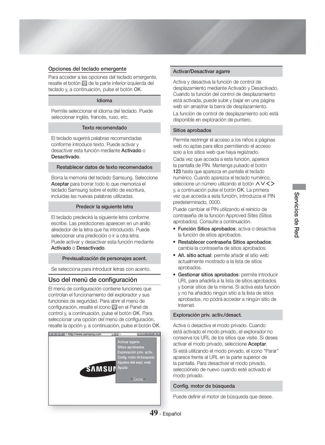 Samsung HT-H7500WM/ZF, HT-H7750WM/ZF manual Uso del menú de configuración, Opciones del teclado emergente 