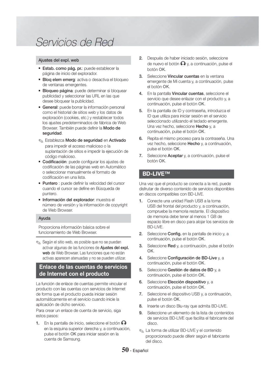 Samsung HT-H7750WM/ZF, HT-H7500WM/ZF manual Ajustes del expl. web, Seleccione Aceptar y, a continuación, pulse el botón OK 