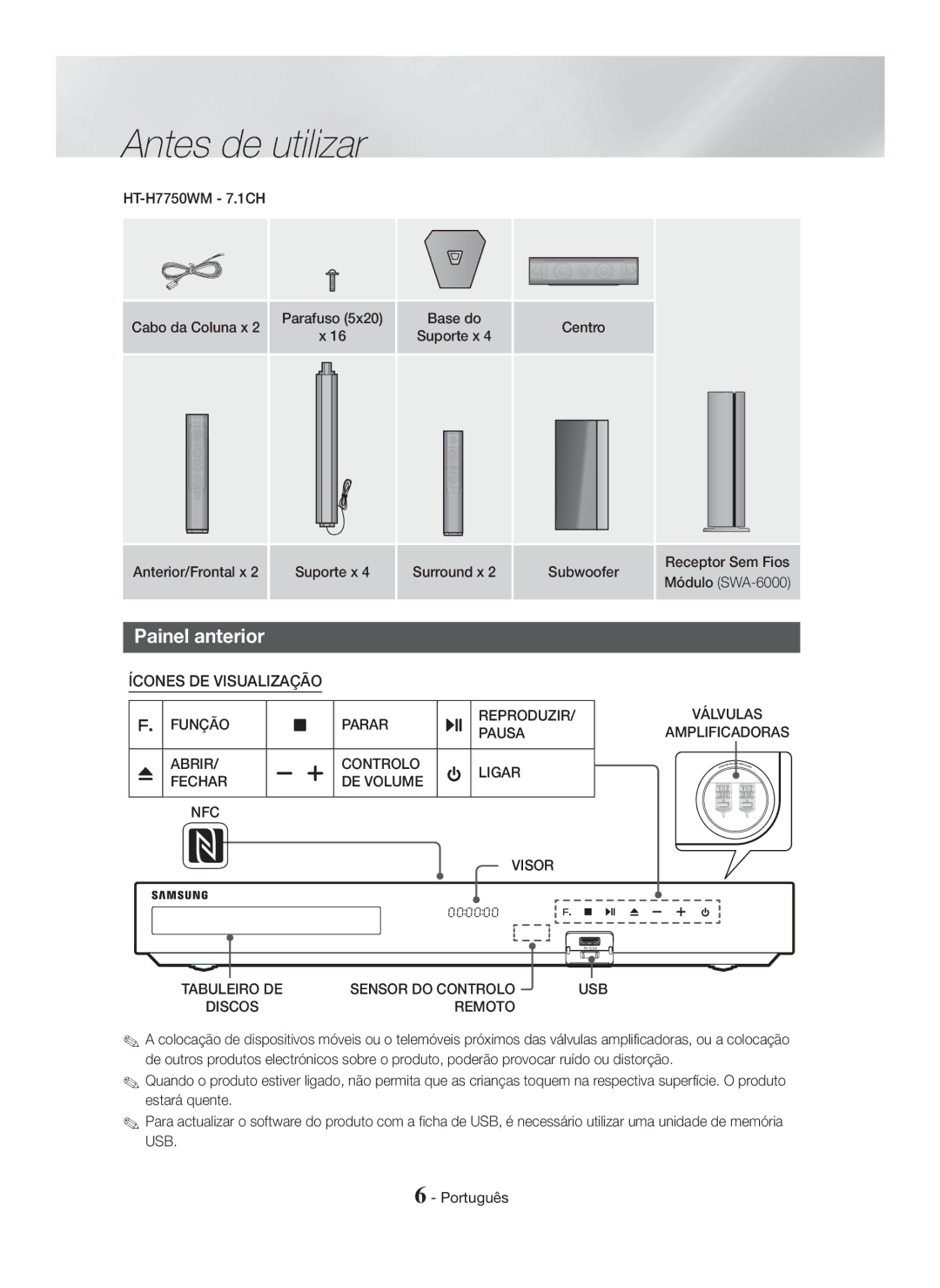 Samsung HT-H7500WM/ZF, HT-H7750WM/ZF Painel anterior, Função Parar, Pausa Abrir Controlo Ligar Fechar DE Volume NFC Visor 