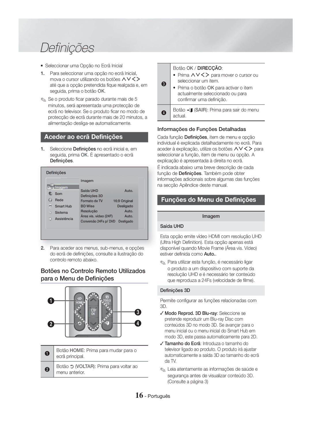 Samsung HT-H7500WM/ZF manual Aceder ao ecrã Definições, Funções do Menu de Definições, Informações de Funções Detalhadas 