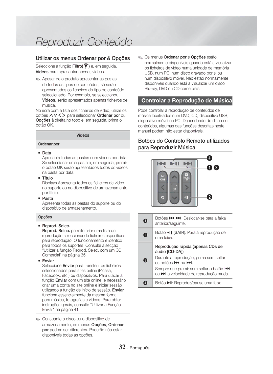 Samsung HT-H7500WM/ZF, HT-H7750WM/ZF manual Utilizar os menus Ordenar por & Opções, Controlar a Reprodução de Música 