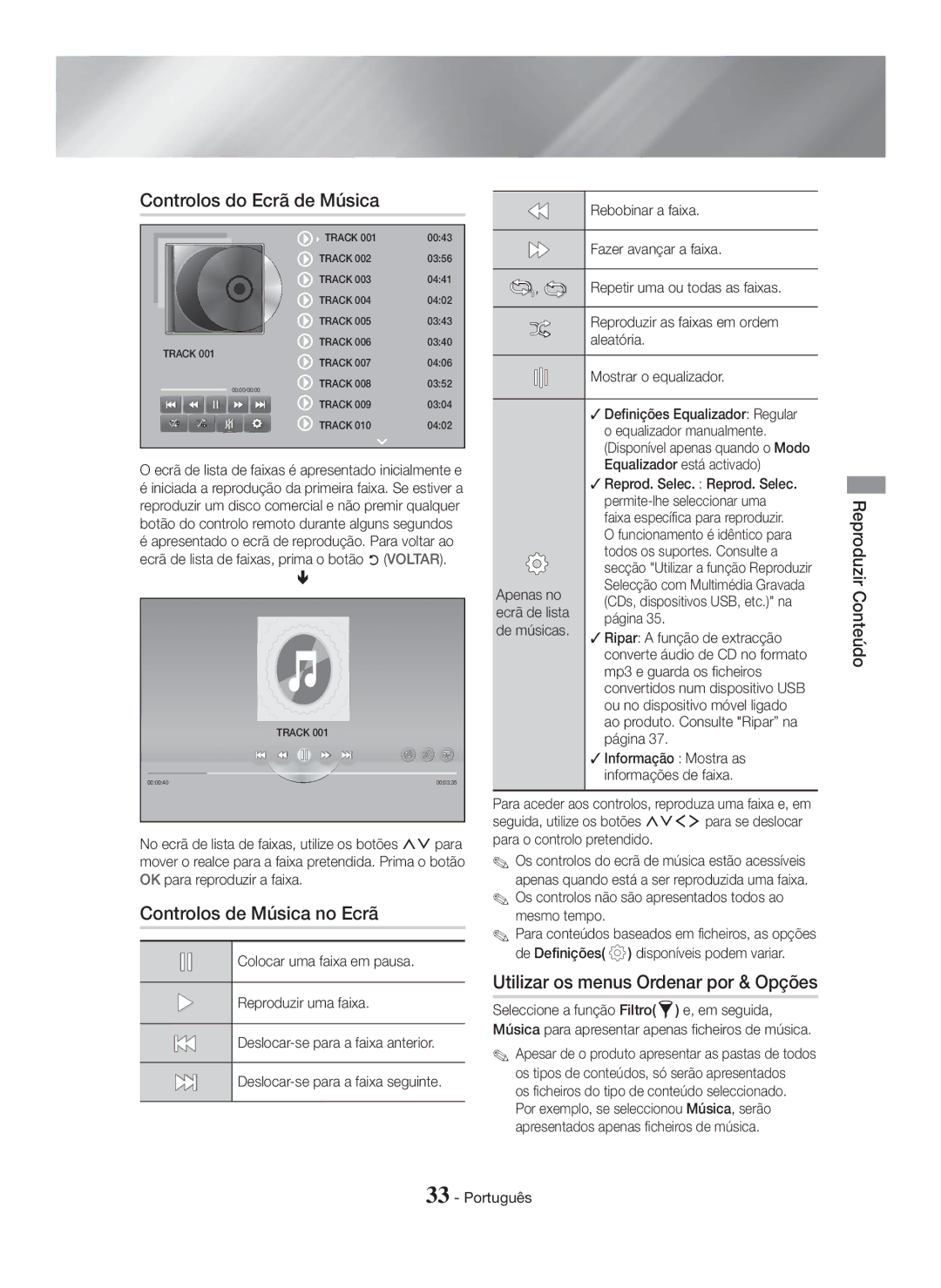 Samsung HT-H7750WM/ZF, HT-H7500WM/ZF manual Controlos do Ecrã de Música, Controlos de Música no Ecrã 