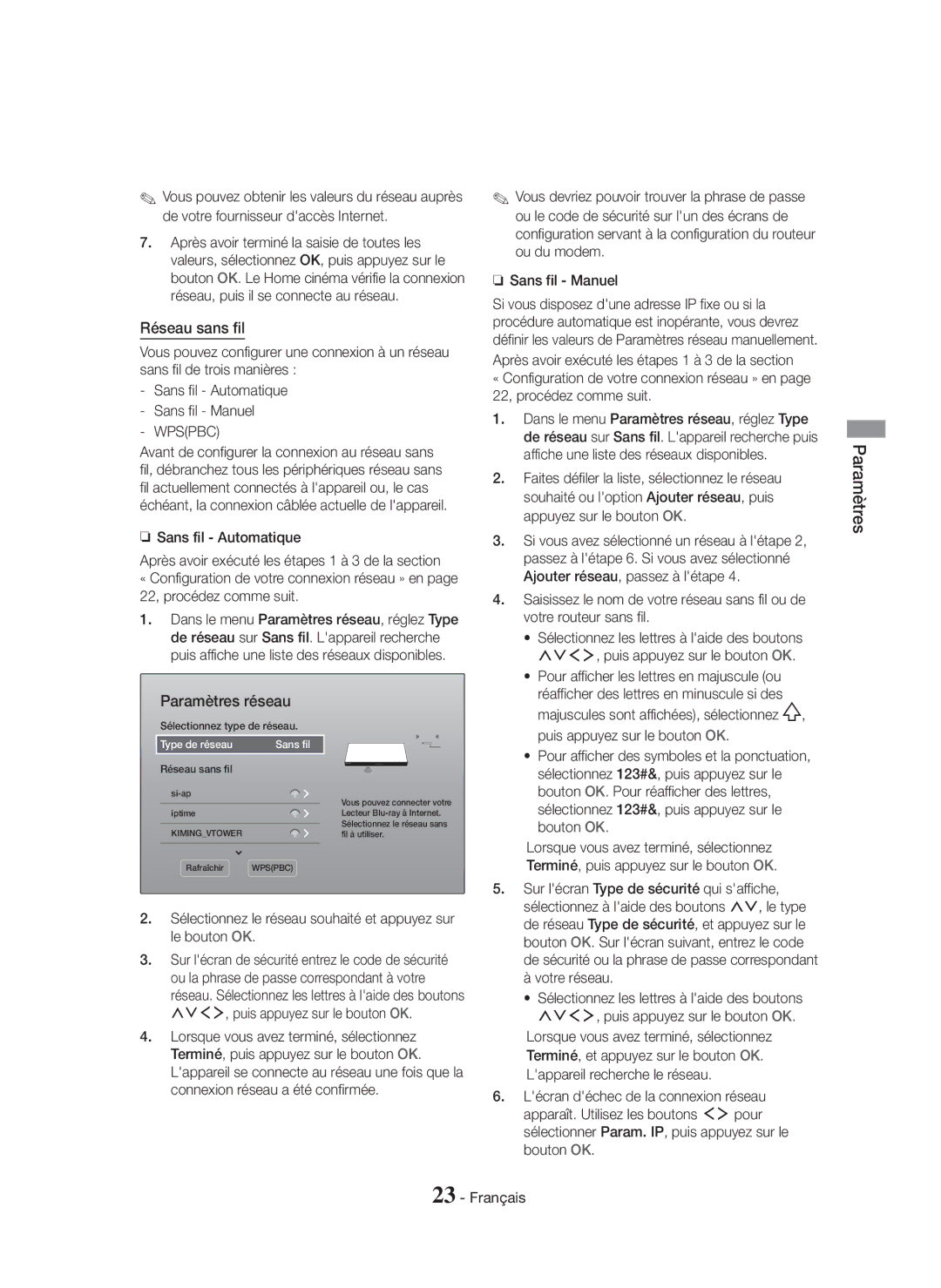 Samsung HT-H7500WM/ZF, HT-H7750WM/ZF manual Réseau sans fil, Paramètres Paramètres réseau, Wpspbc 