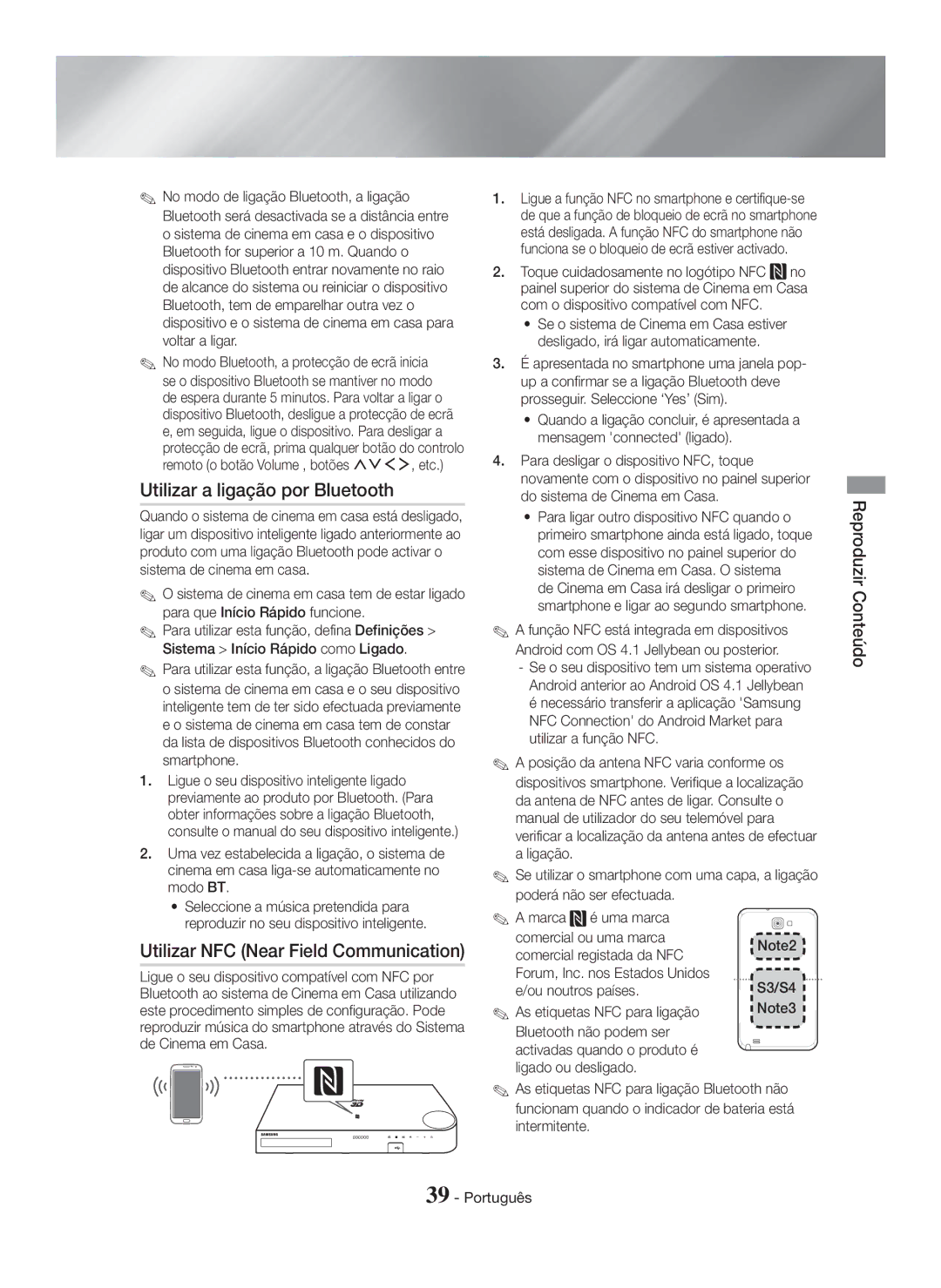 Samsung HT-H7750WM/ZF, HT-H7500WM/ZF manual Utilizar a ligação por Bluetooth, Utilizar NFC Near Field Communication 