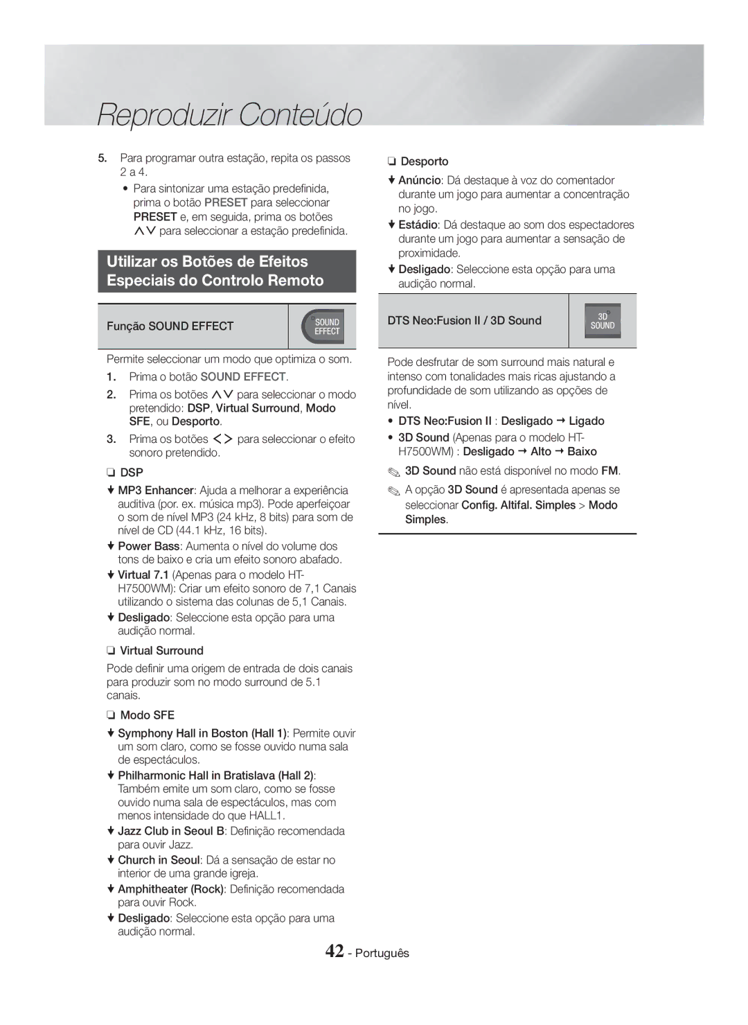 Samsung HT-H7500WM/ZF, HT-H7750WM/ZF manual Utilizar os Botões de Efeitos Especiais do Controlo Remoto, Função Sound Effect 