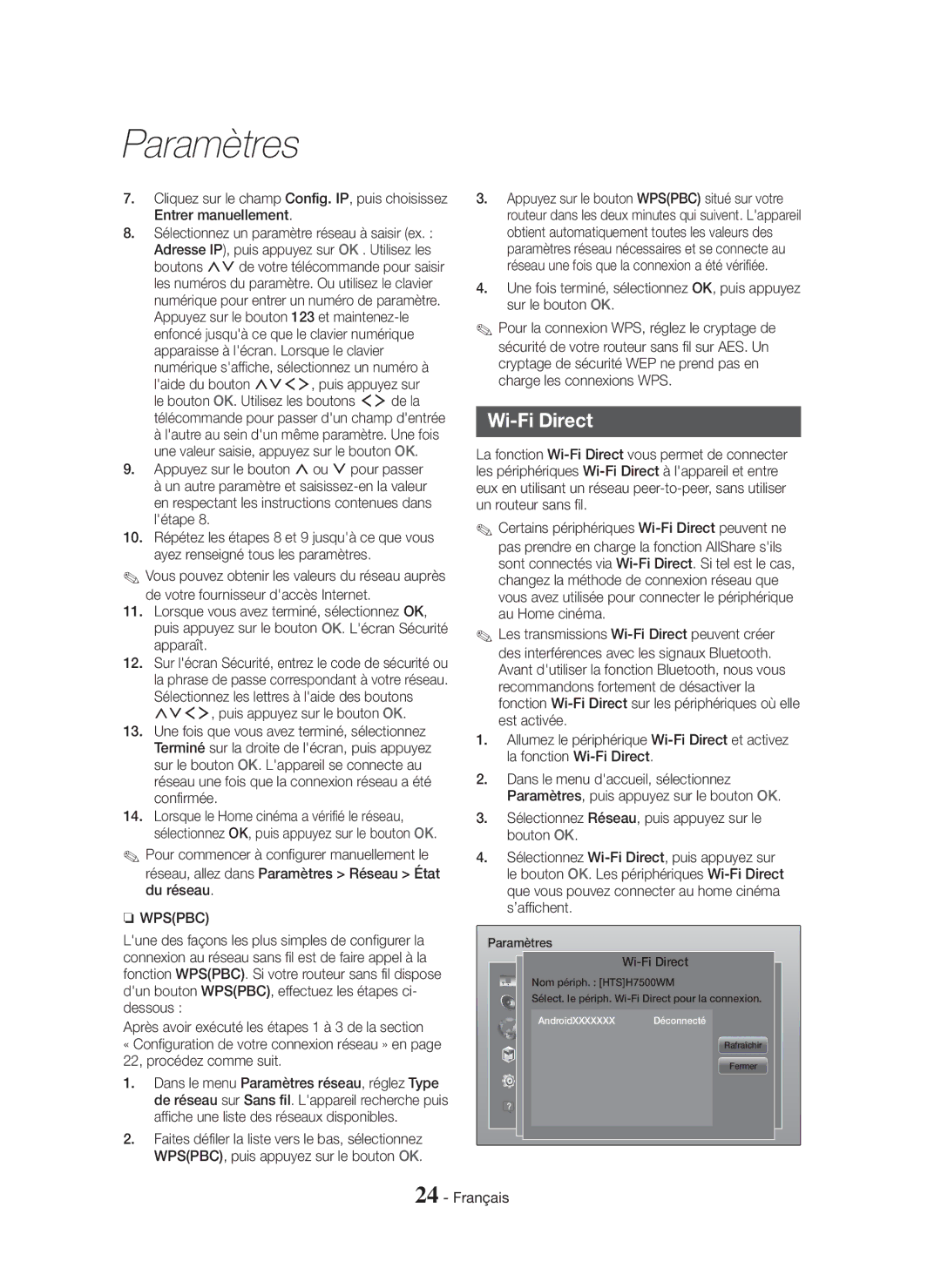 Samsung HT-H7750WM/ZF, HT-H7500WM/ZF manual Vous pouvez obtenir les valeurs du réseau auprès, Paramètres Wi-Fi Direct 