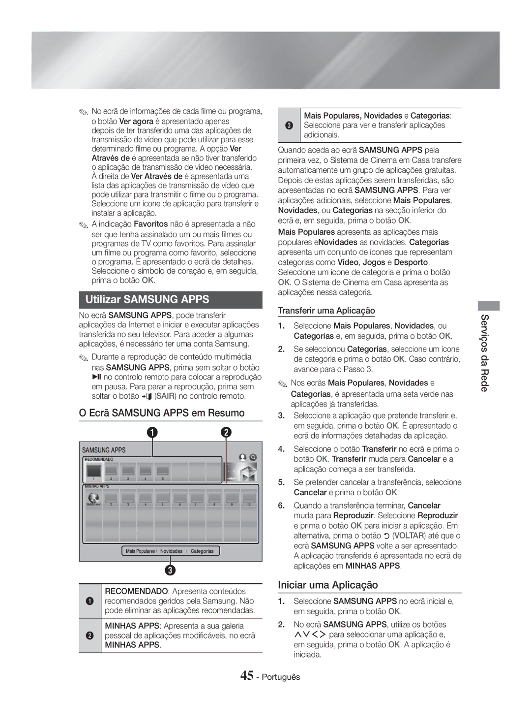 Samsung HT-H7750WM/ZF Utilizar Samsung Apps, Ecrã Samsung Apps em Resumo, Iniciar uma Aplicação, Transferir uma Aplicação 