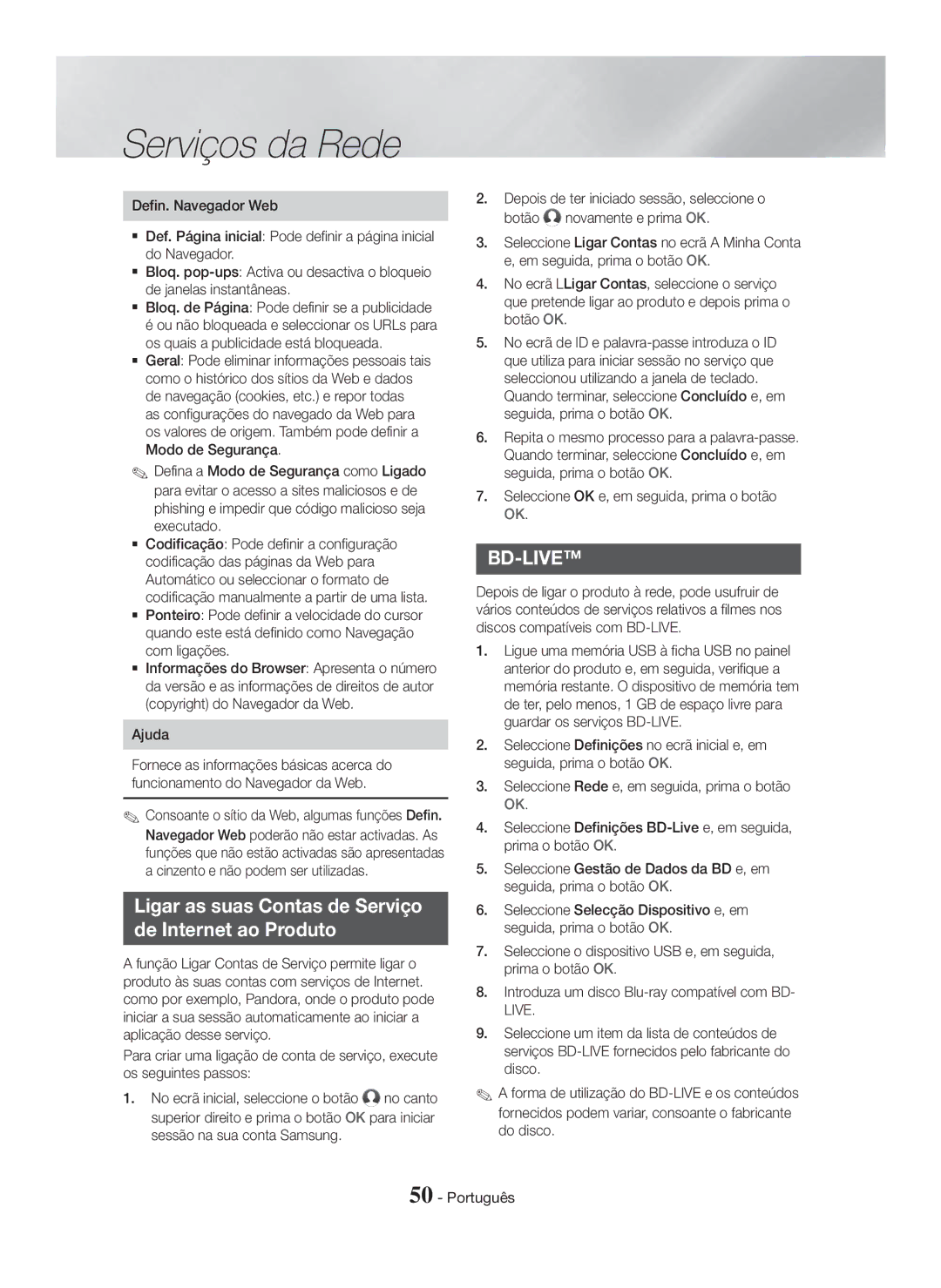 Samsung HT-H7500WM/ZF, HT-H7750WM/ZF manual Ligar as suas Contas de Serviço De Internet ao Produto, Ajuda 