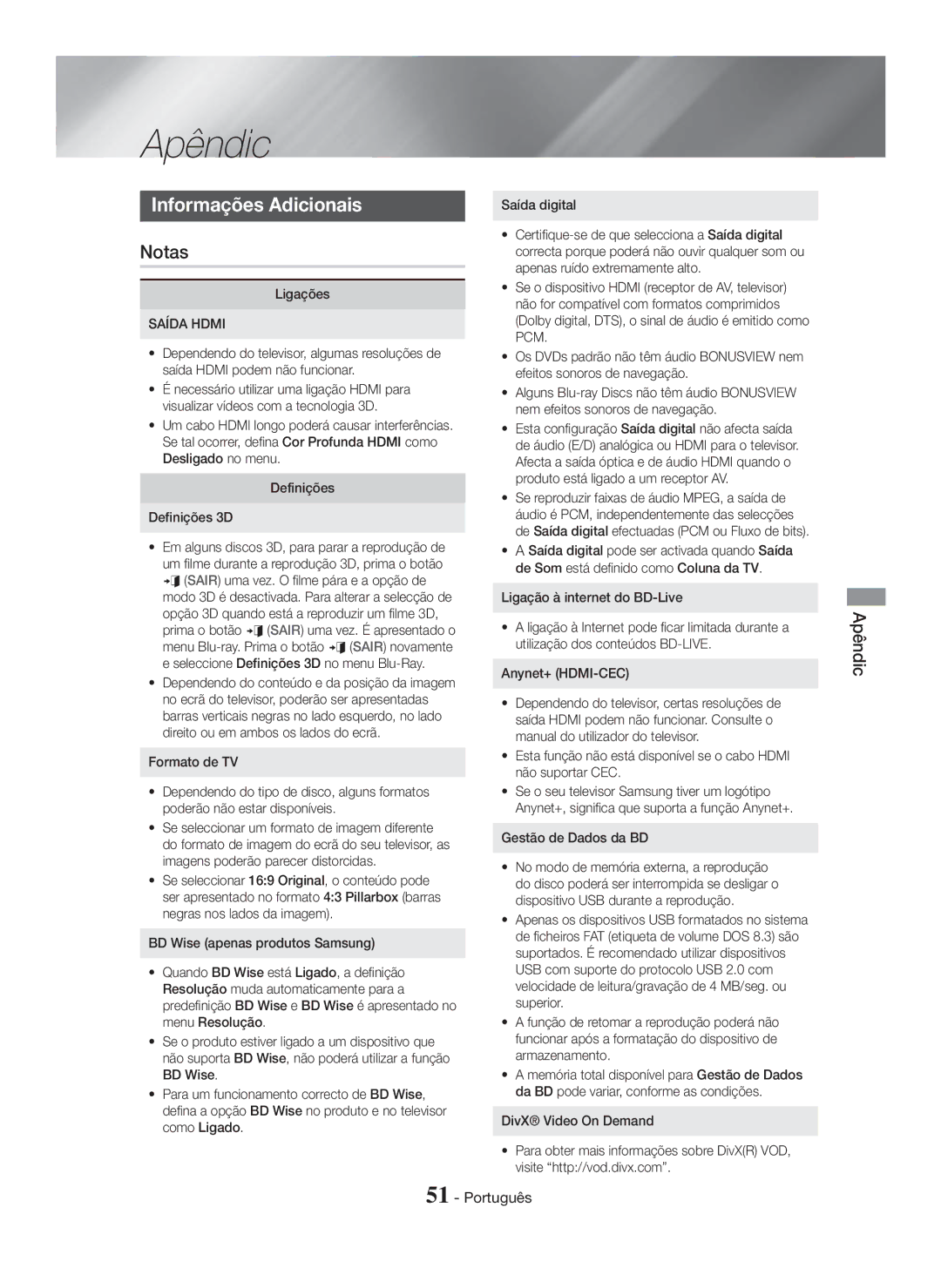 Samsung HT-H7750WM/ZF, HT-H7500WM/ZF manual Apêndic, Informações Adicionais, Saída Hdmi 