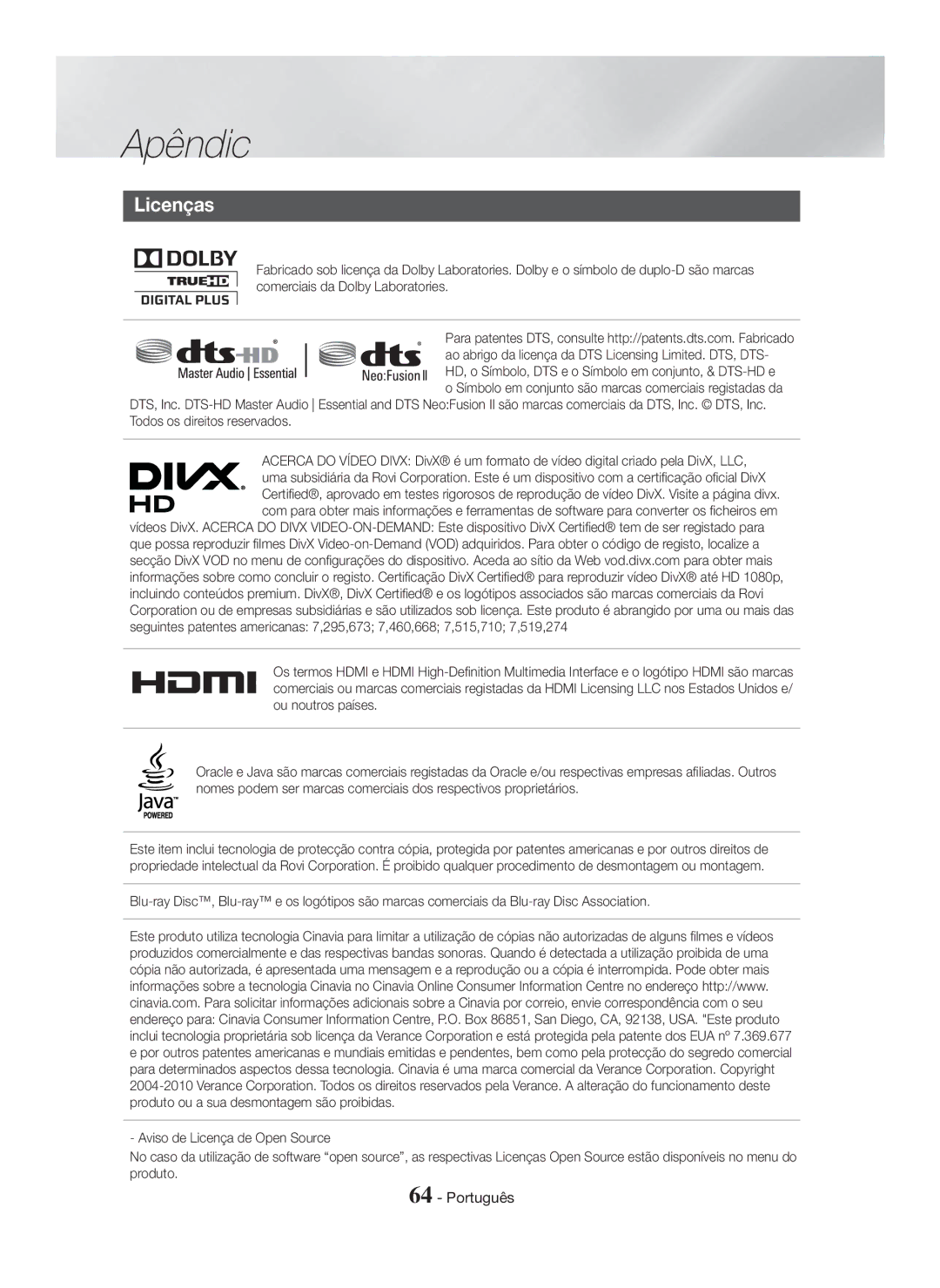 Samsung HT-H7500WM/ZF, HT-H7750WM/ZF manual Licenças 