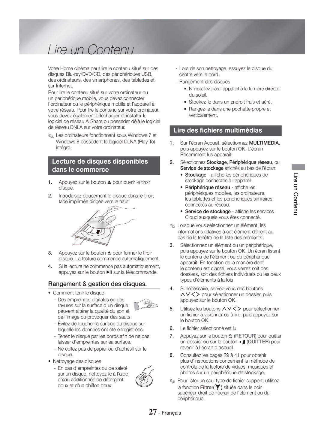 Samsung HT-H7500WM/ZF Lire un Contenu, Lire des fichiers multimédias, Lecture de disques disponibles Dans le commerce 