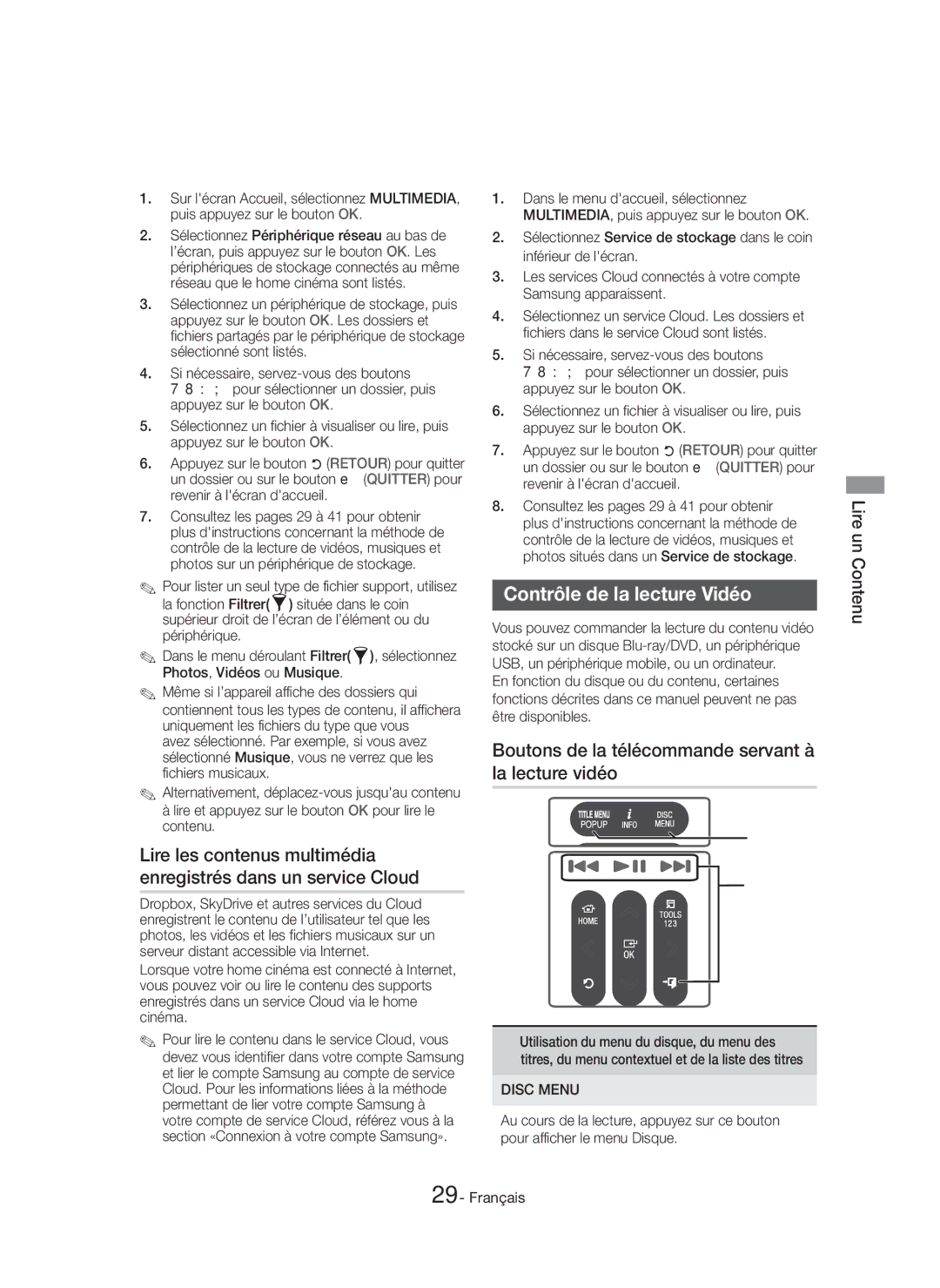 Samsung HT-H7500WM/ZF manual Contrôle de la lecture Vidéo, Boutons de la télécommande servant à la lecture vidéo, Disc Menu 