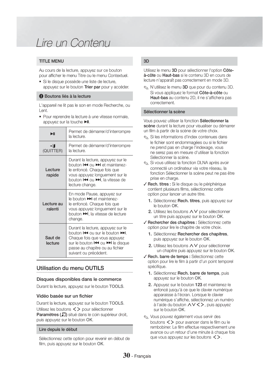 Samsung HT-H7750WM/ZF manual Utilisation du menu Outils, Disques disponibles dans le commerce, Vidéo basée sur un fichier 