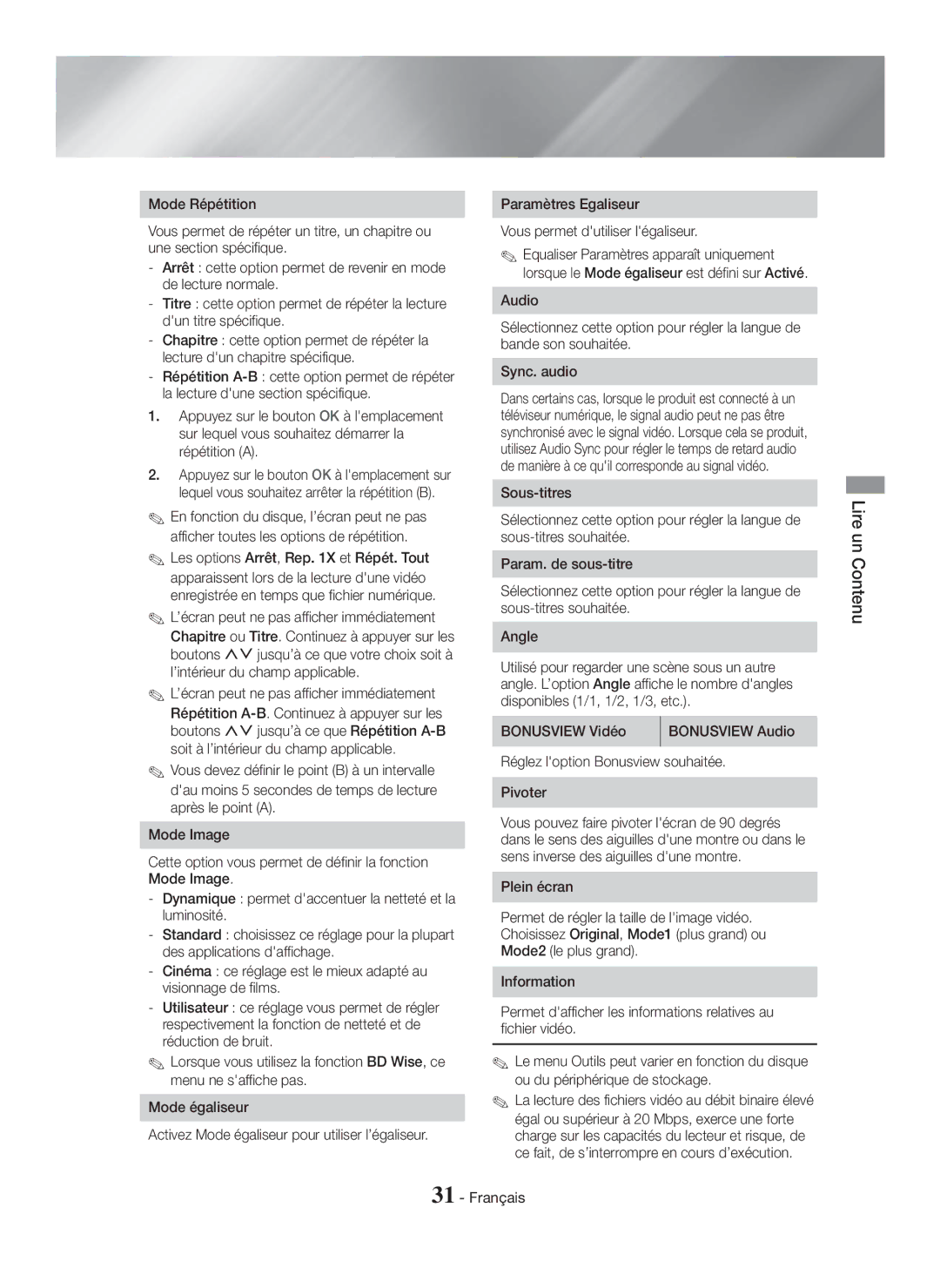 Samsung HT-H7500WM/ZF manual Paramètres Egaliseur Vous permet dutiliser légaliseur, Bonusview Vidéo, Bonusview Audio 